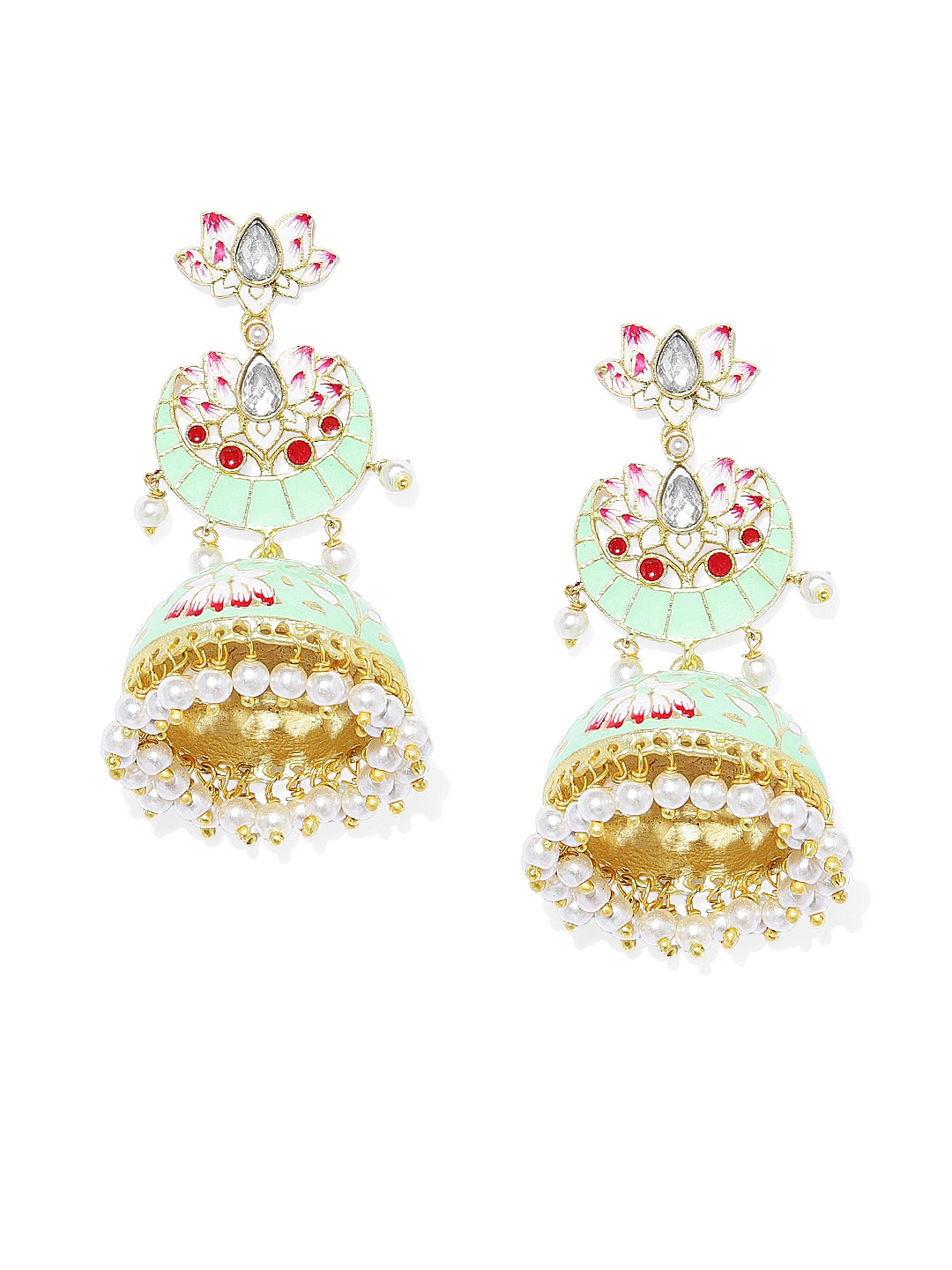 

Peora Gold-Plated & Sea Green Meenakari Handwork Crescent Shaped Jhumkas