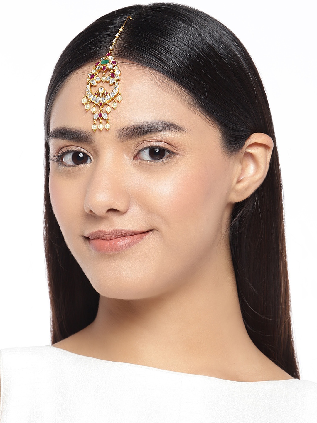 

Peora Gold-Plated & Pink Cubic-Zirconia & Emerald Studded Maang Tikka