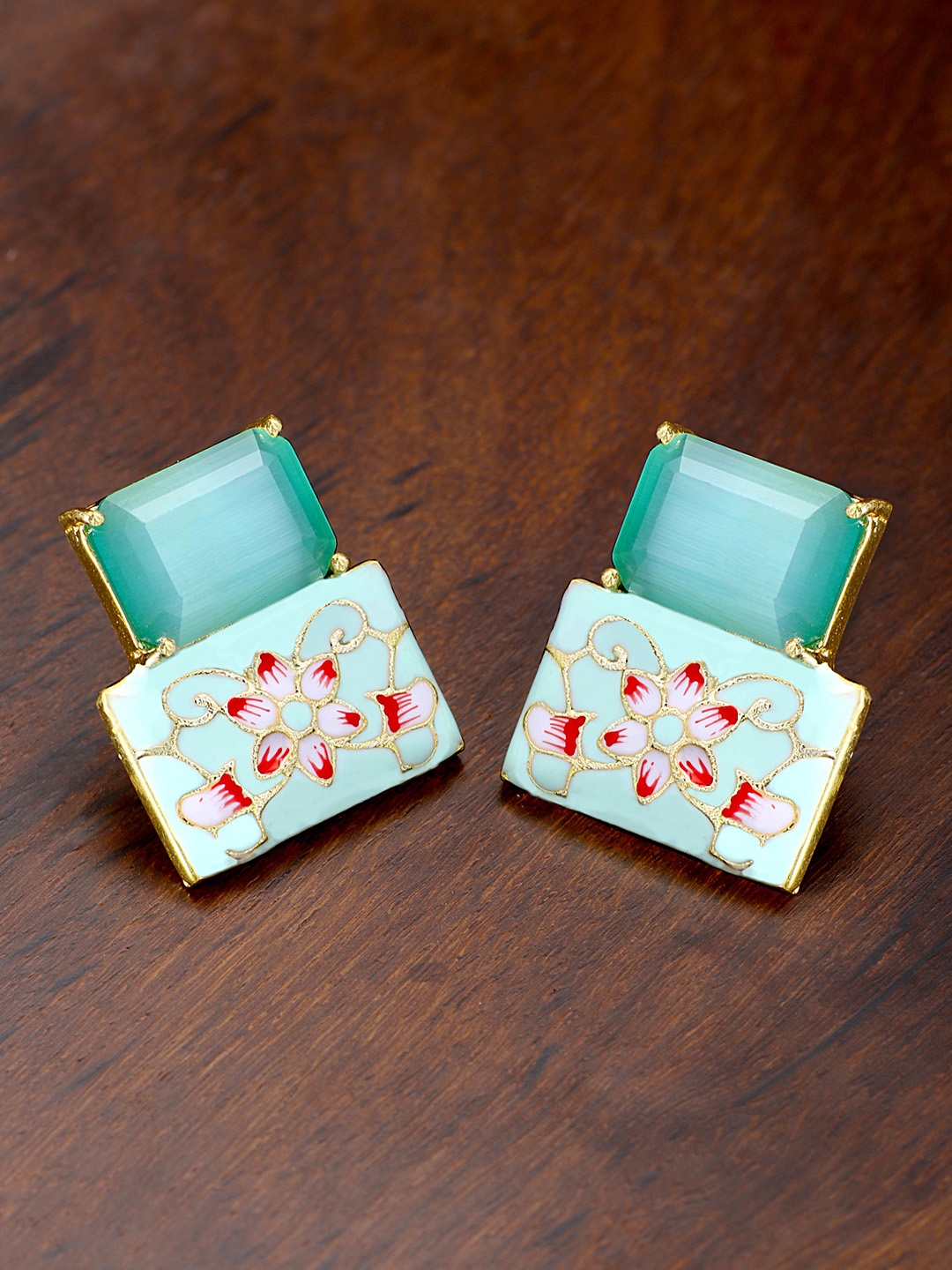 

Peora Gold-Plated & Green Enamelled Handwork Geometric Studs