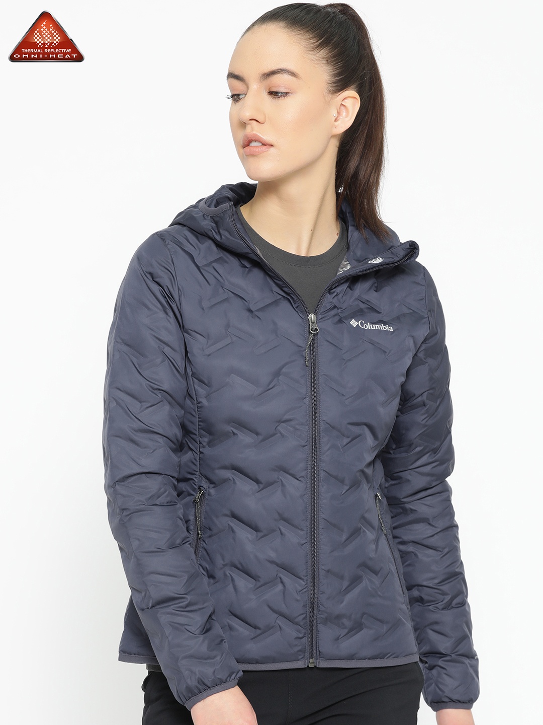 

Columbia Women Navy Blue Solid Delta Ridge Down Sporty Hooded Hiking Jacket