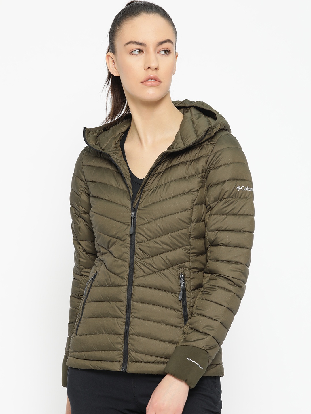 

Columbia Women Olive Green Solid Windgates Hooded Sporty Hiking Jacket