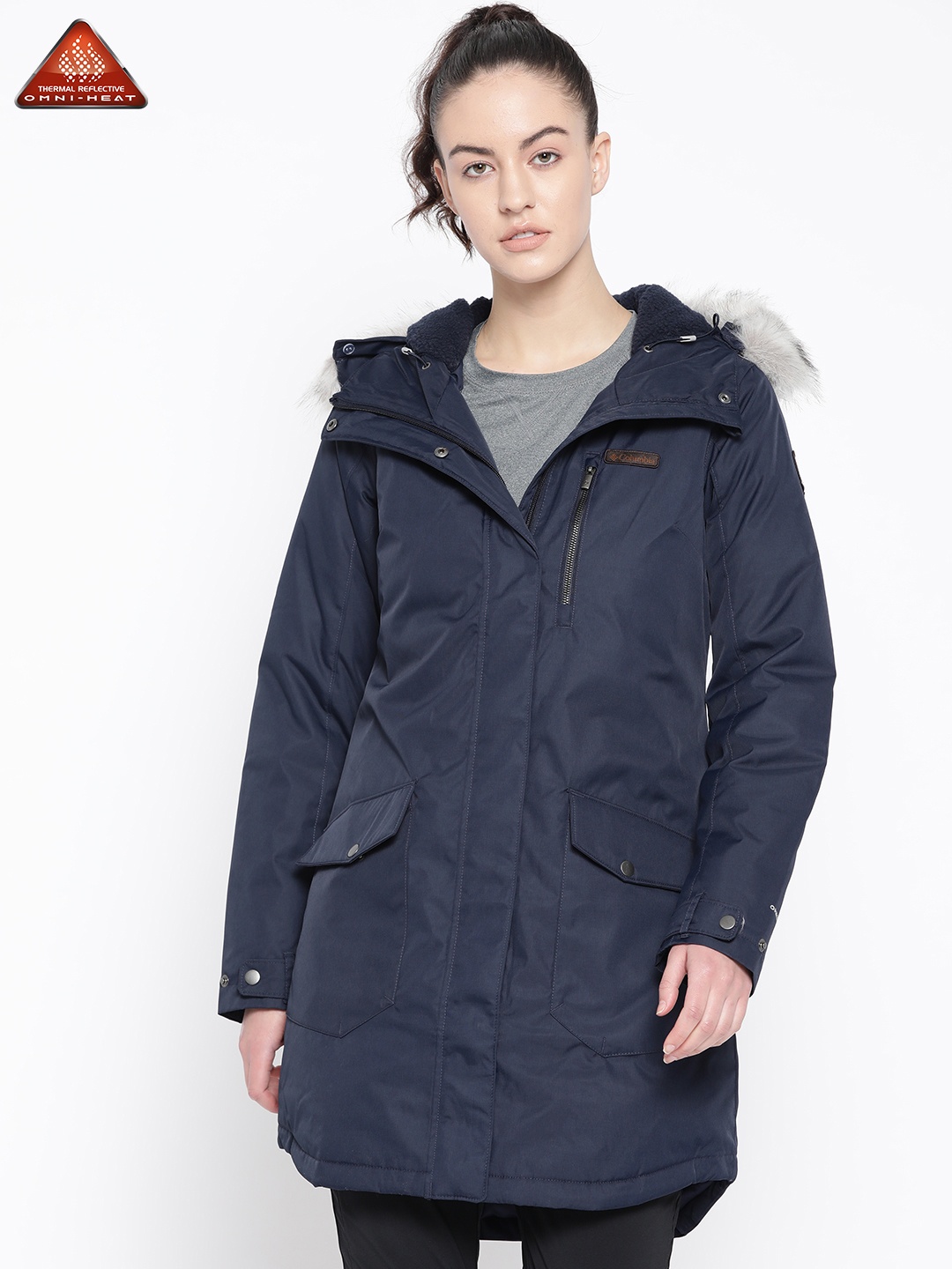 

Columbia Women Navy Blue Solid Suttle Mountain Long Insulated Hiking Parka Jacket