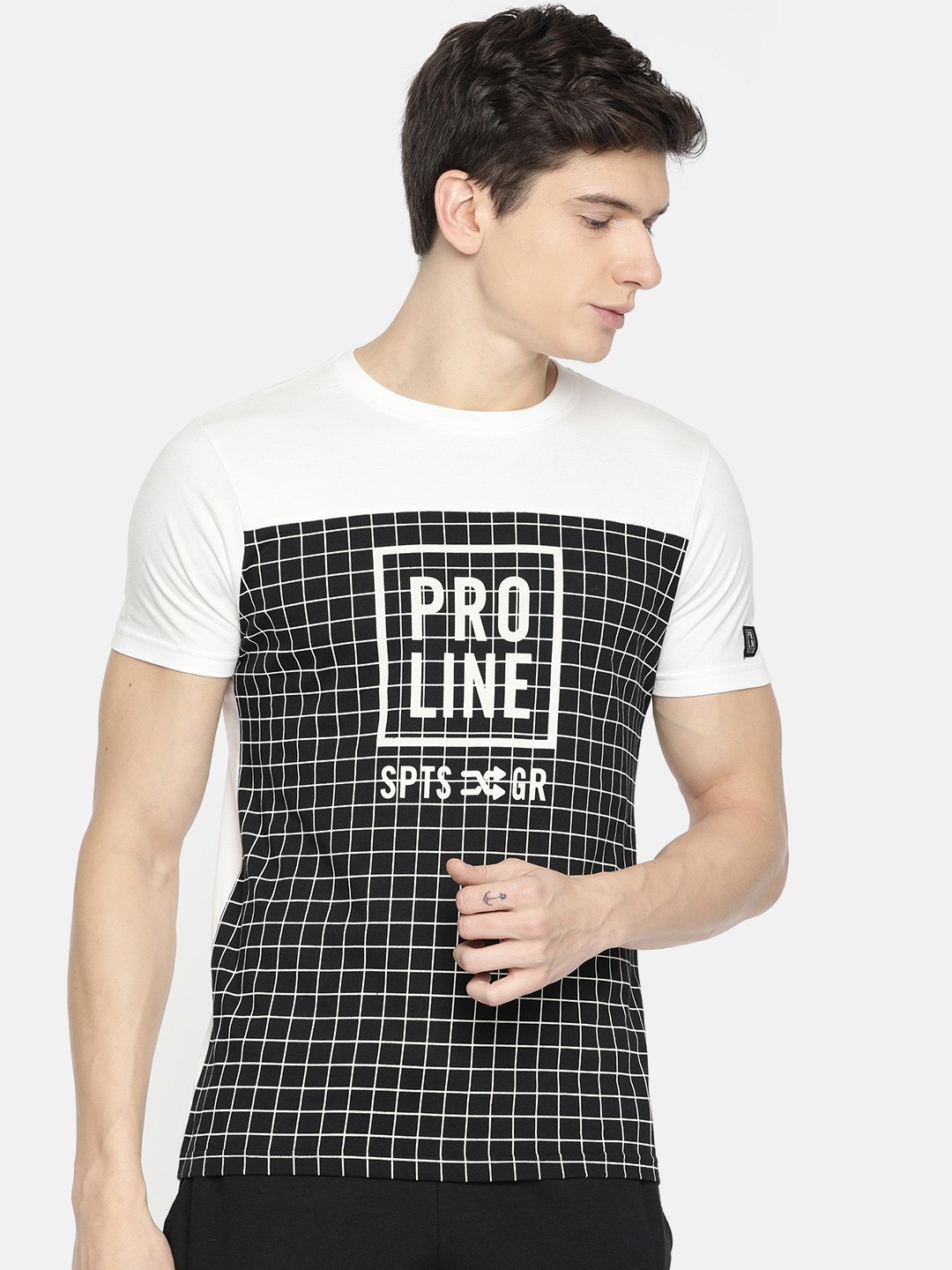 

Proline Active Men Off-White Checked Round Neck Pure Cotton T-shirt