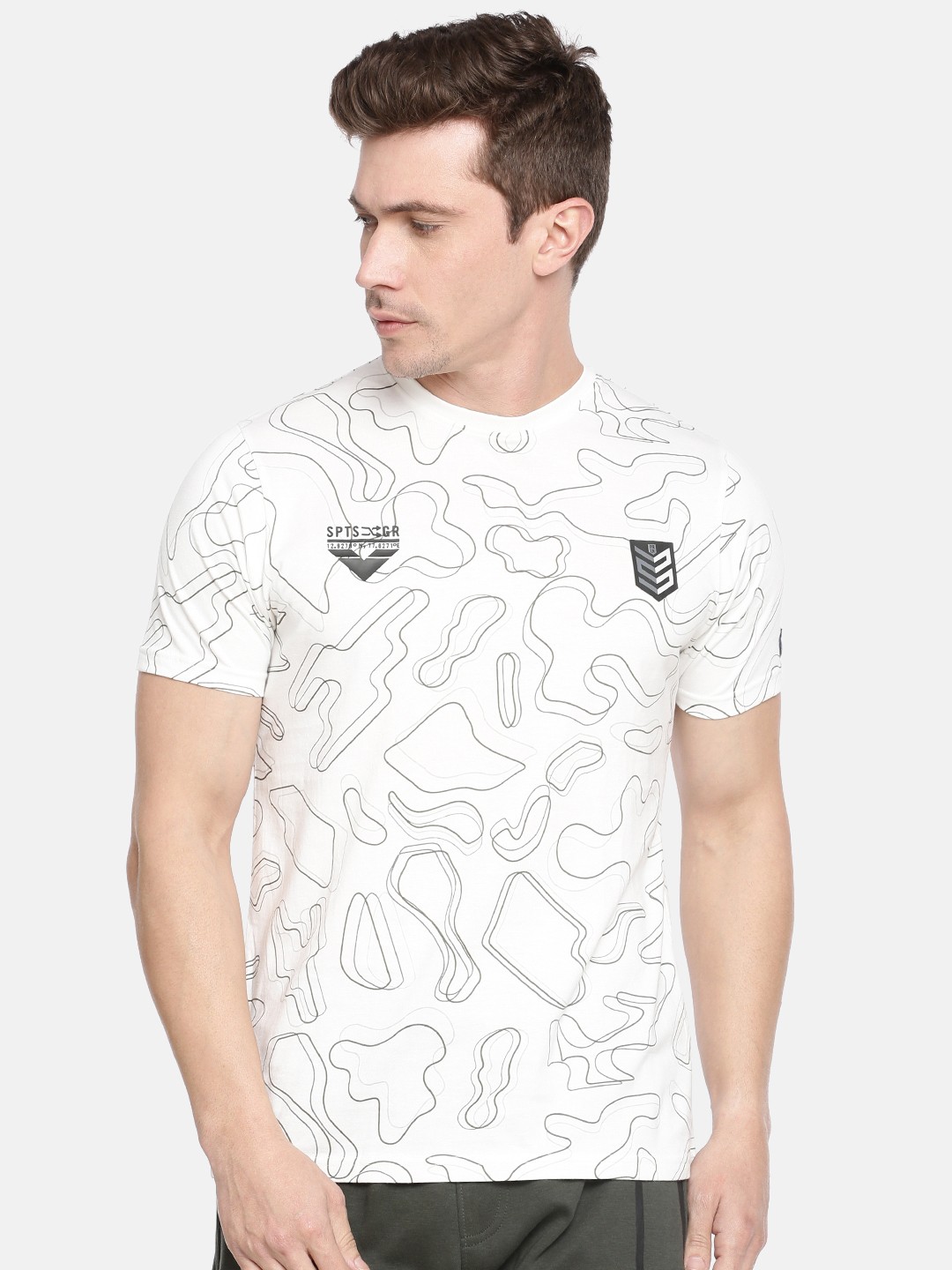 

Proline Active Men Off-White Olive Green Printed Round Neck Pure Cotton T-shirt