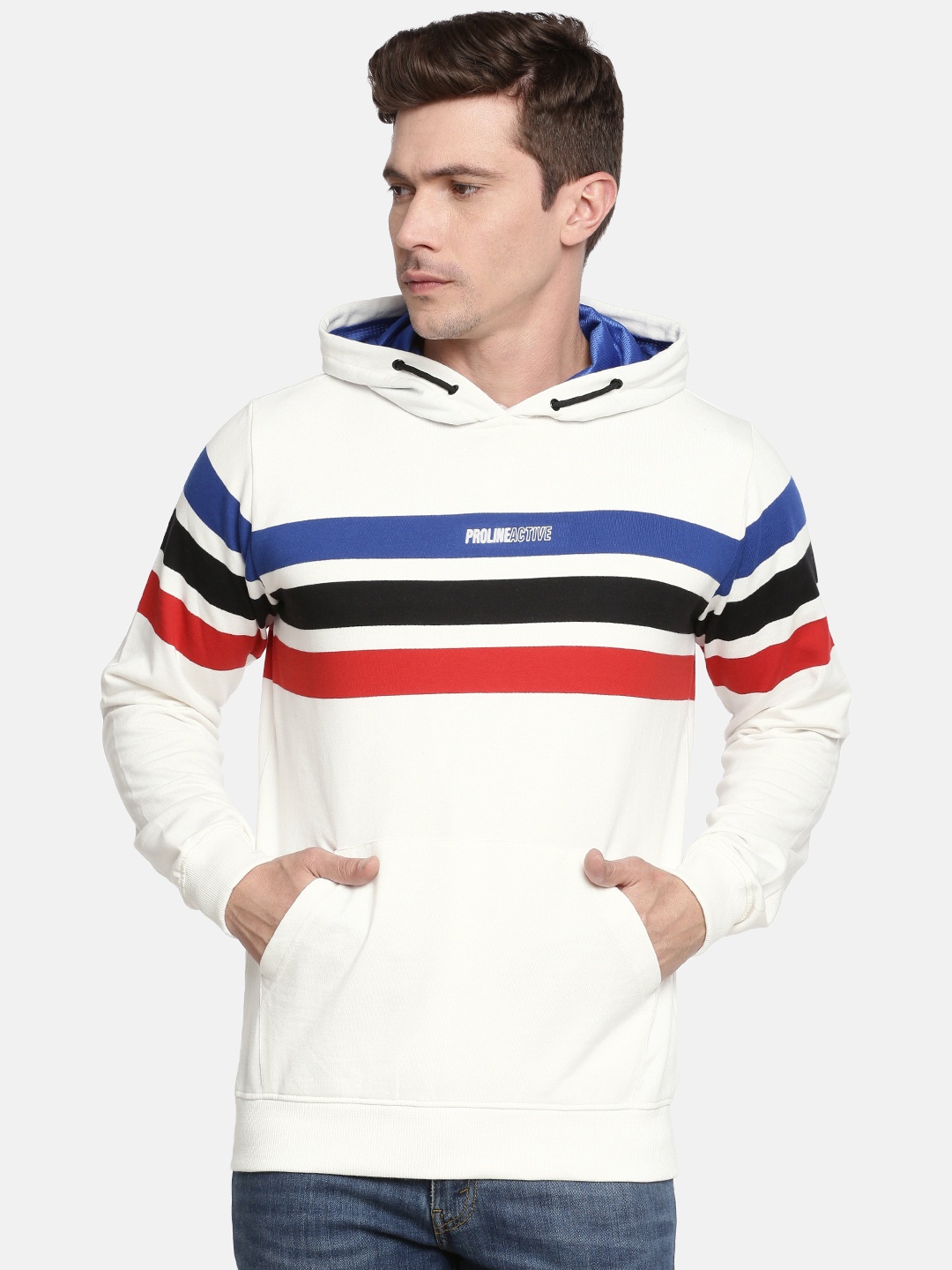 

Proline Active Men Off-White & Red Striped Hooded Sweatshirt
