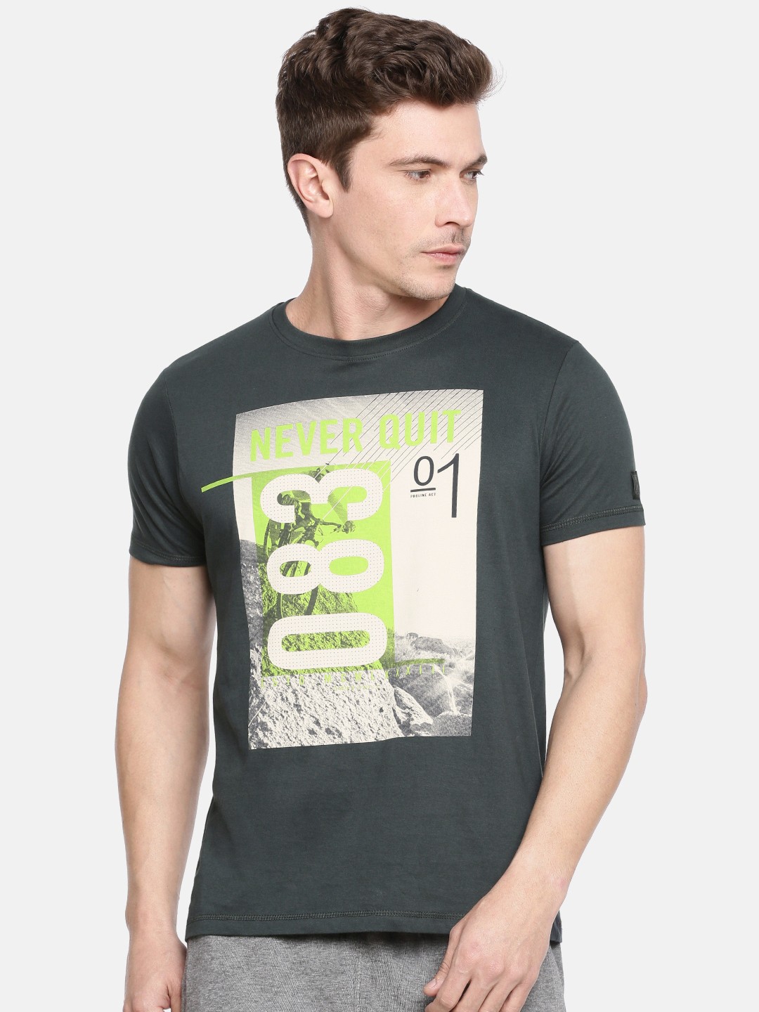 

Proline Active Men Charcoal Grey Printed Round Neck Pure Cotton T-shirt