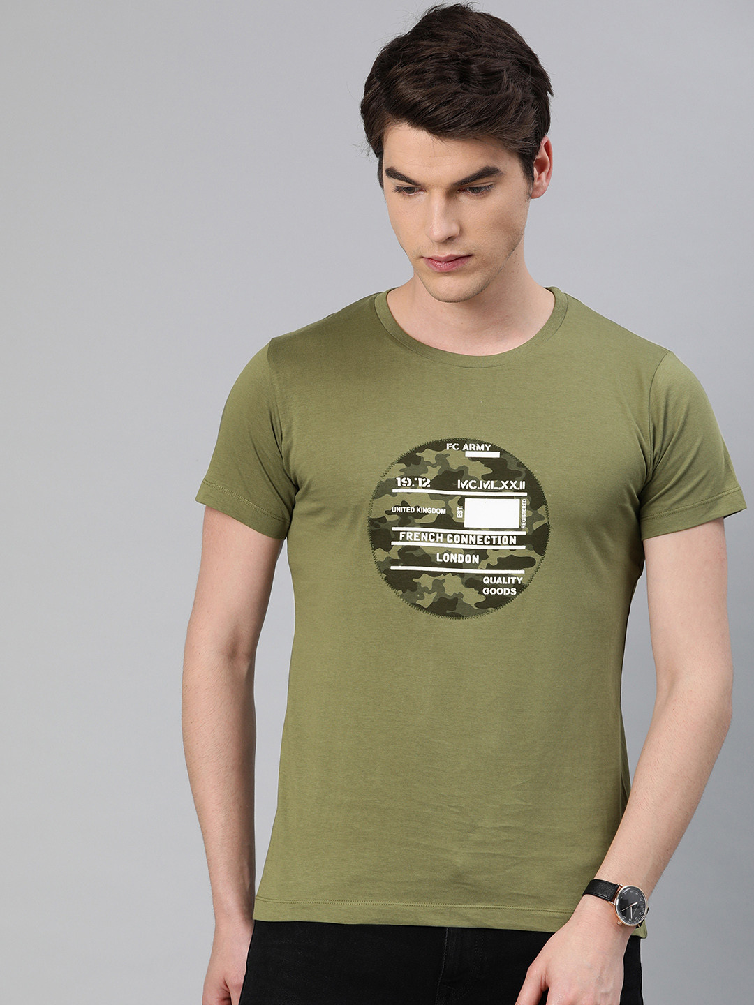 

French Connection Men Olive Green Slim Fit Printed Round Neck Pure Cotton T-shirt