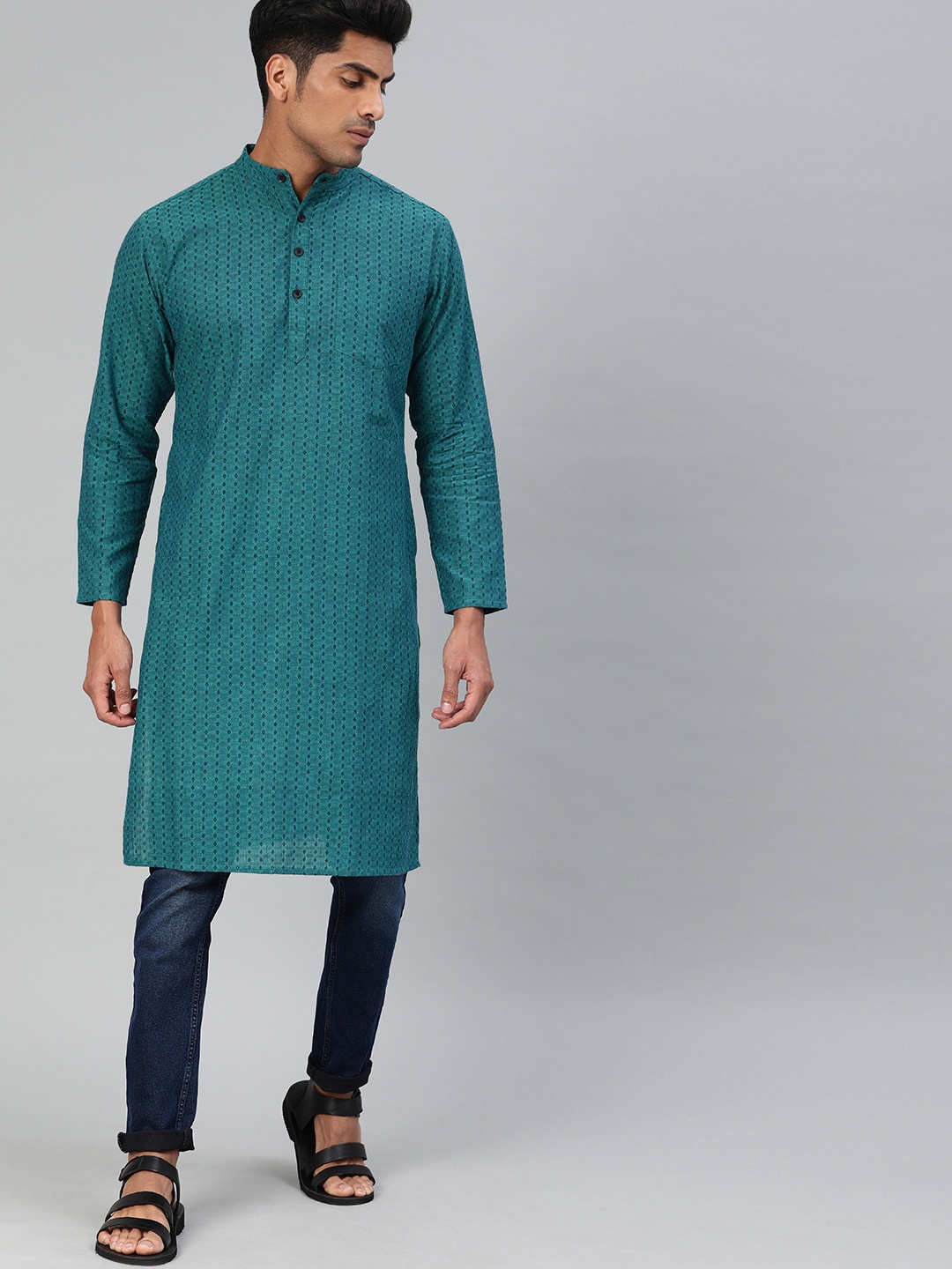 

Svanik Men Teal Green Woven Design Straight Kurta