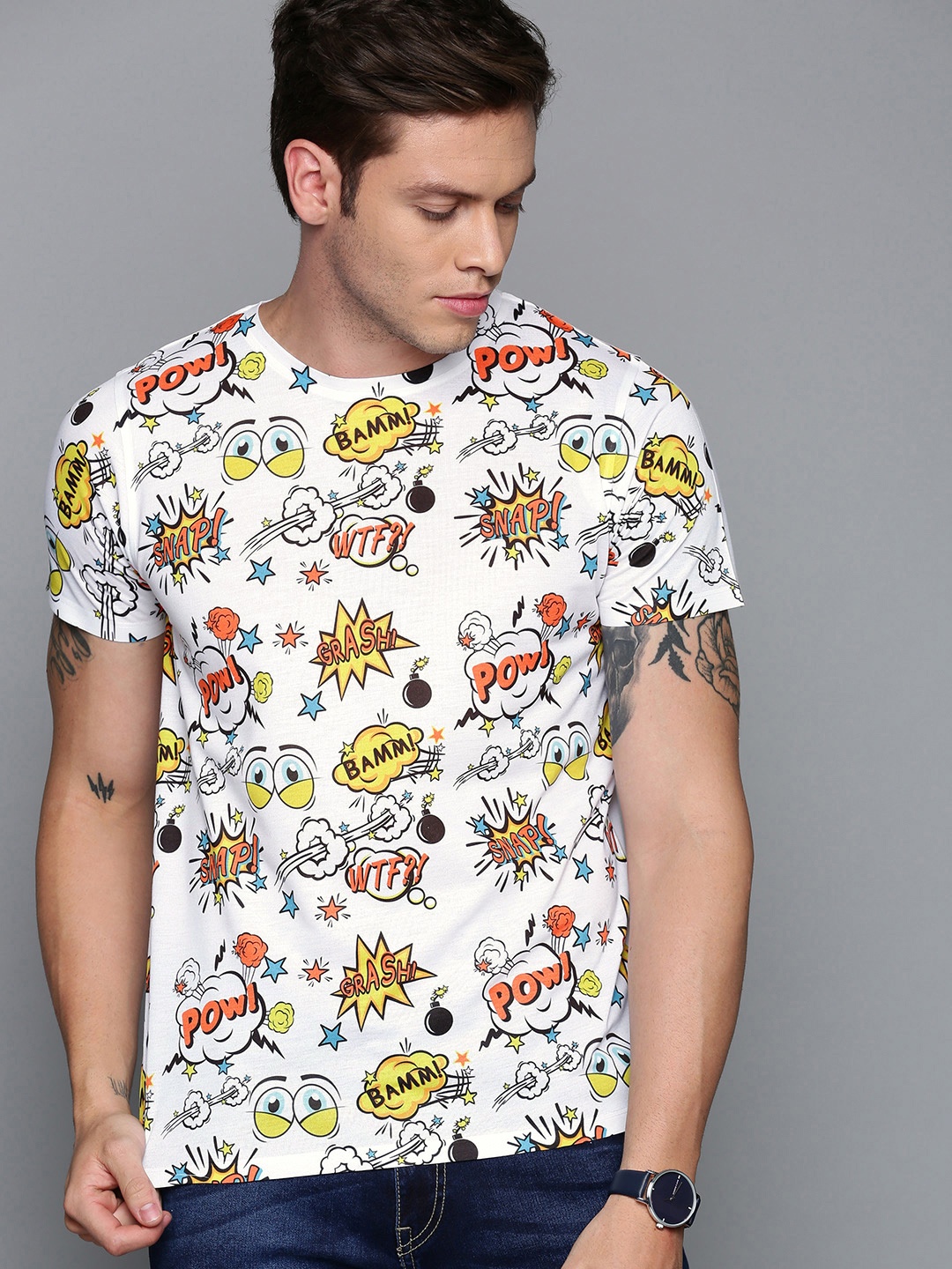 

Wear Your Mind Men White & Red Printed Round Neck T-shirt