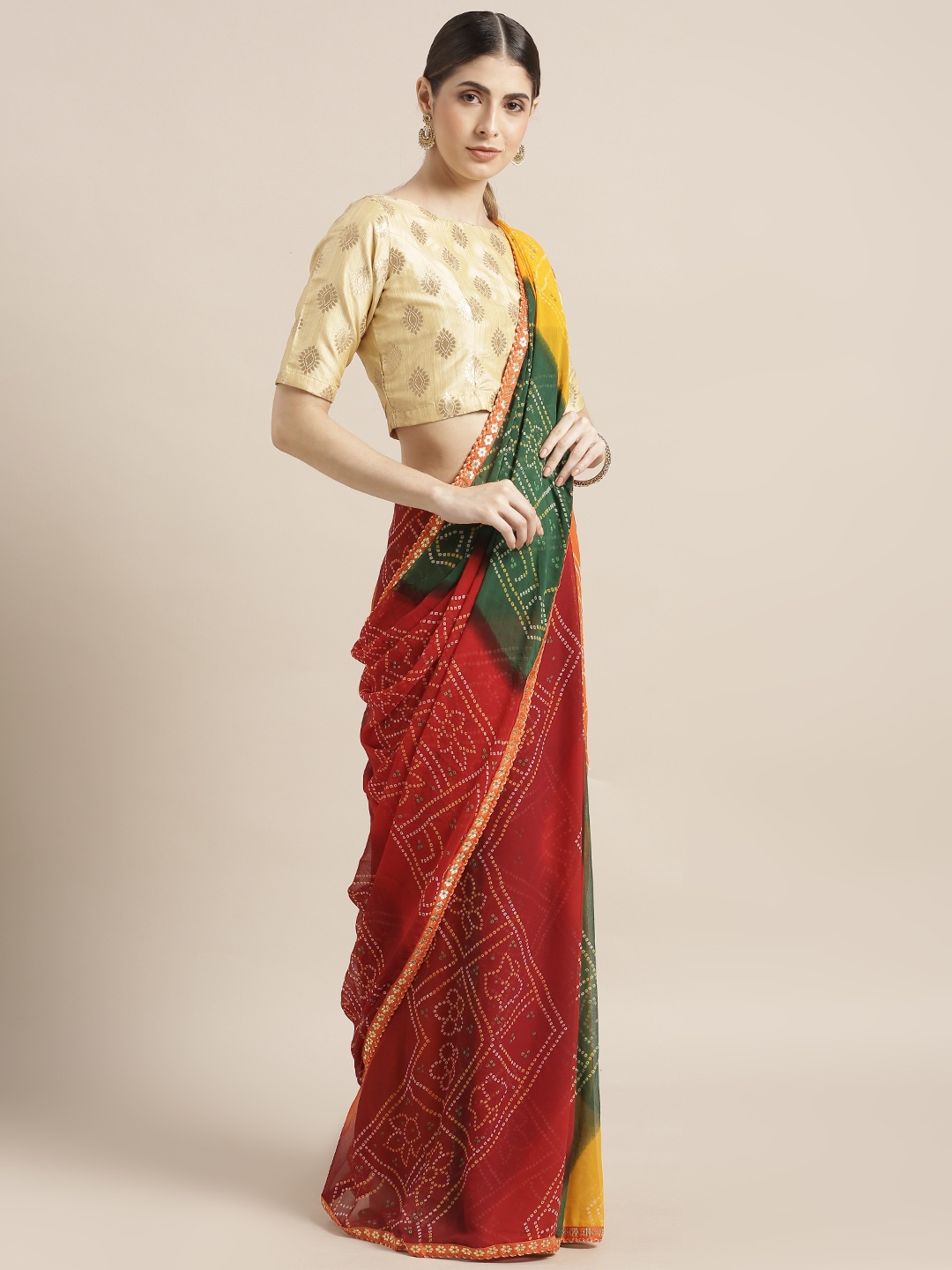 

Mitera Multicoloured Poly Georgette Printed Bandhani Saree, Multi