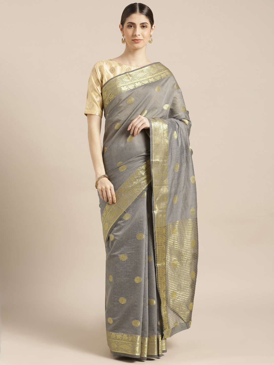 

Mitera Grey Silk Blend Woven Design Kanjeevaram Saree