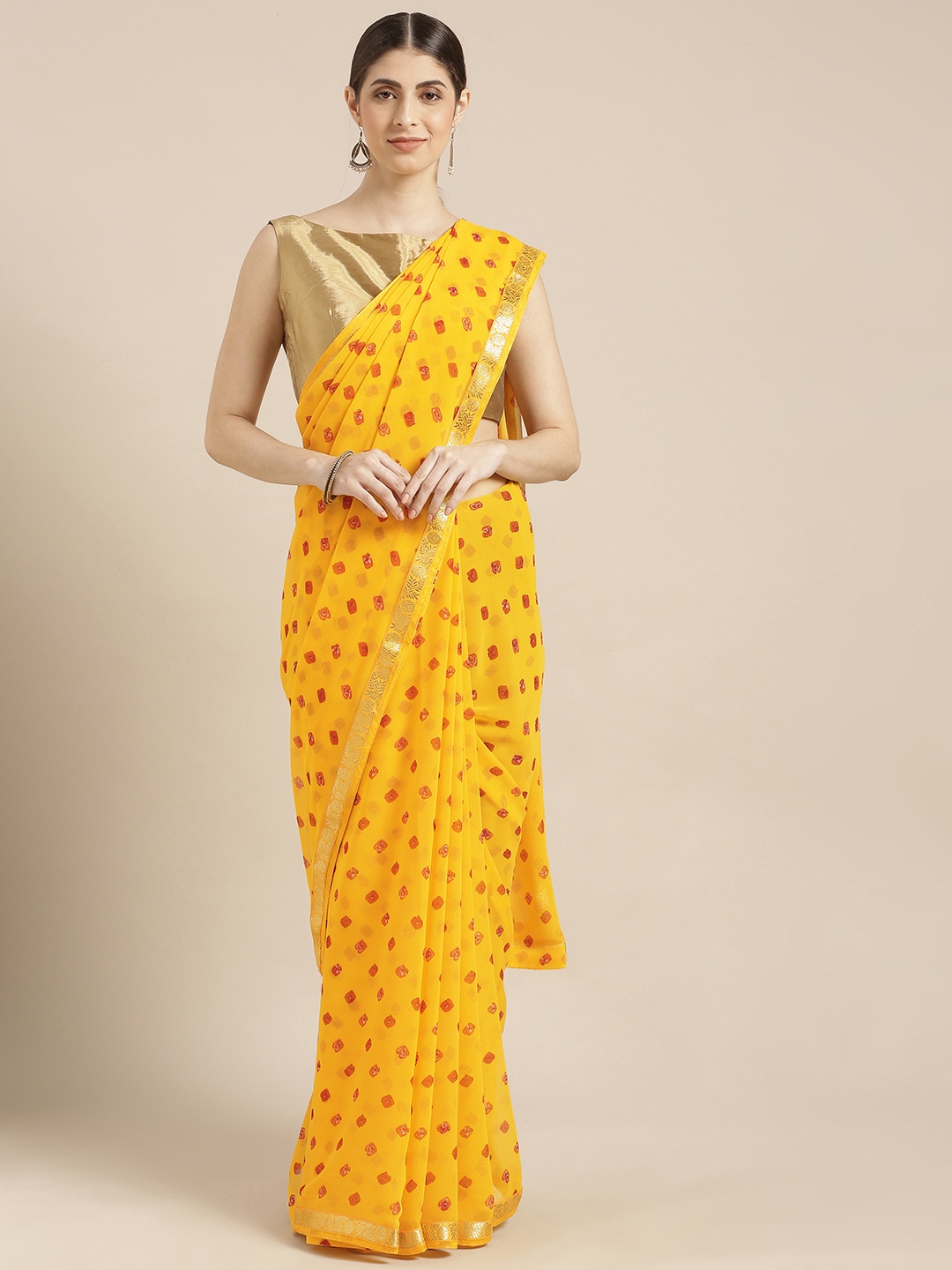

Blissta Yellow Poly Georgette Printed Bandhani Saree