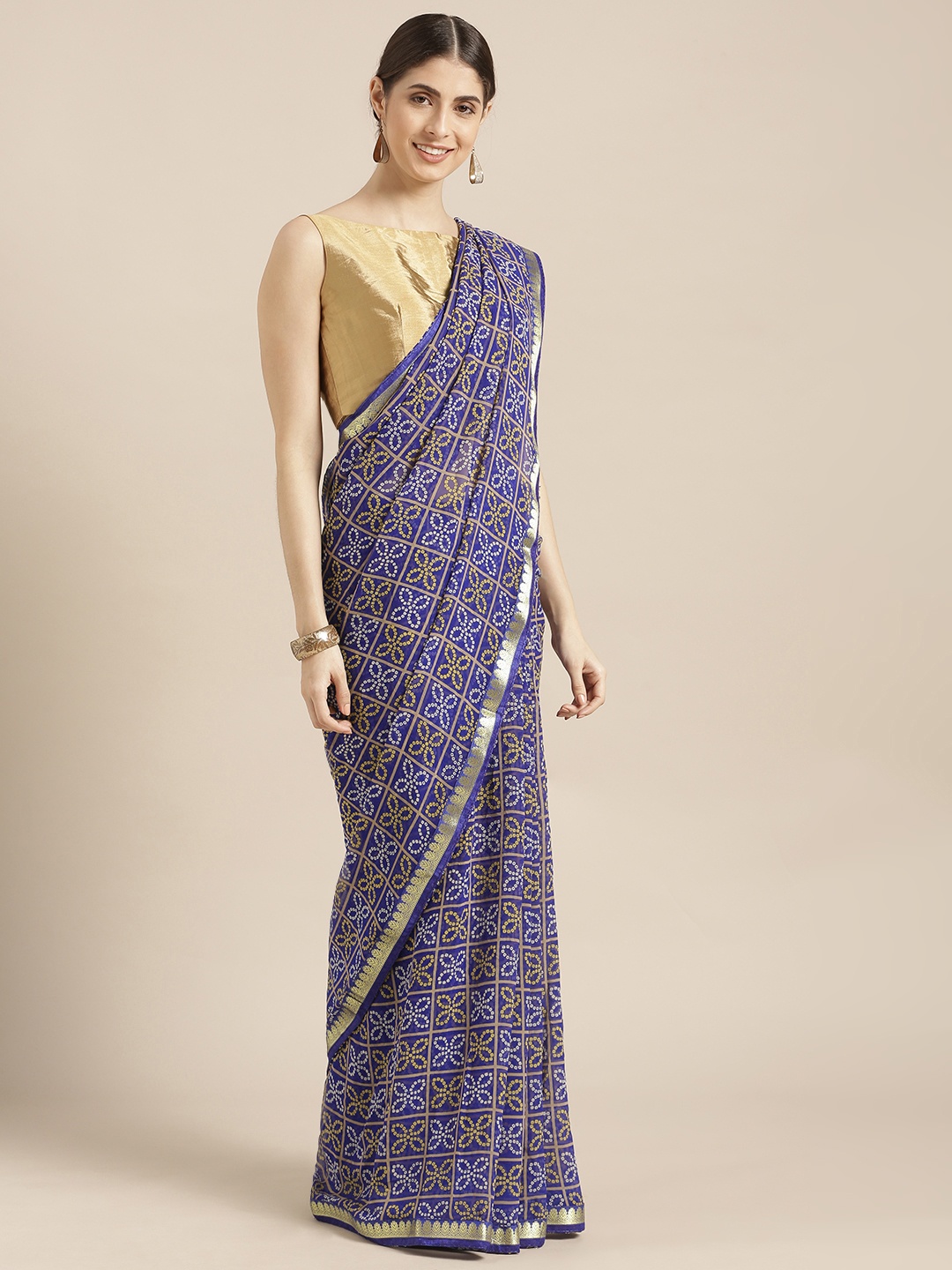 

Blissta Blue Poly Georgette Printed Bandhani Saree