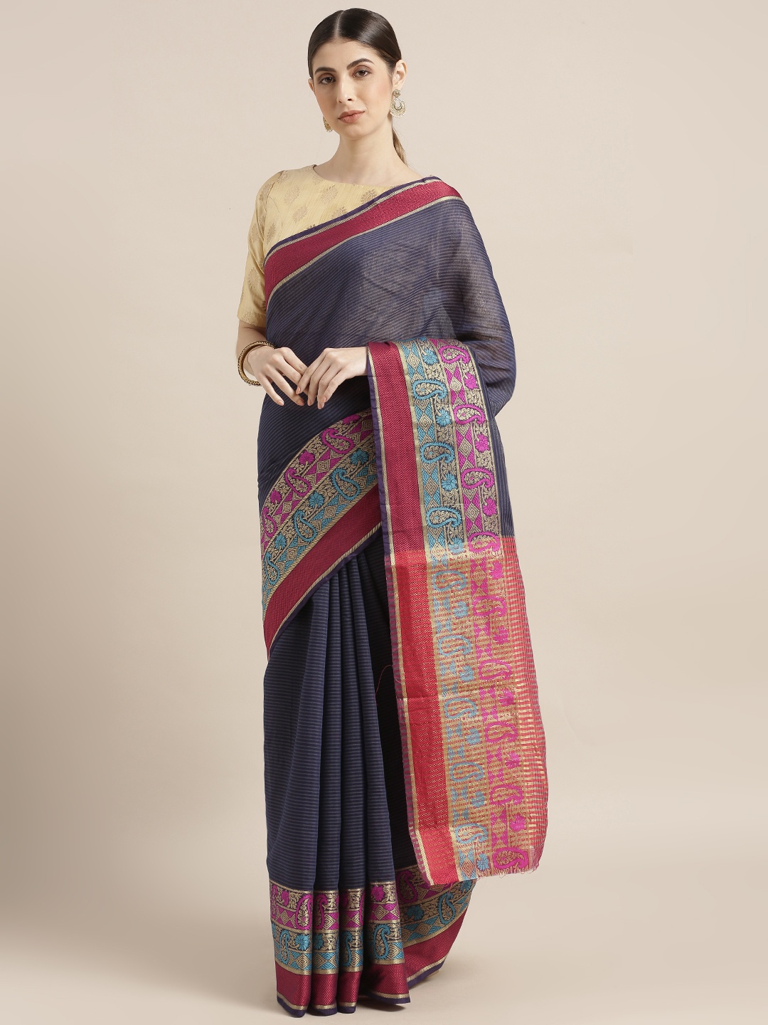 

Blissta Navy Blue Silk Cotton Striped Kanjeevaram Saree