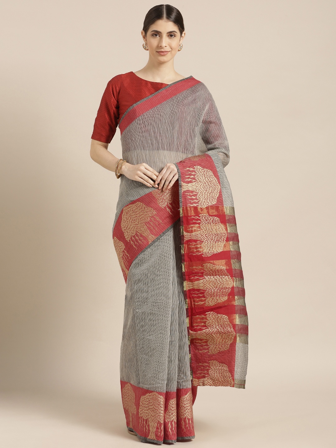

Blissta Grey & Red Cotton Blend Striped Kota Saree