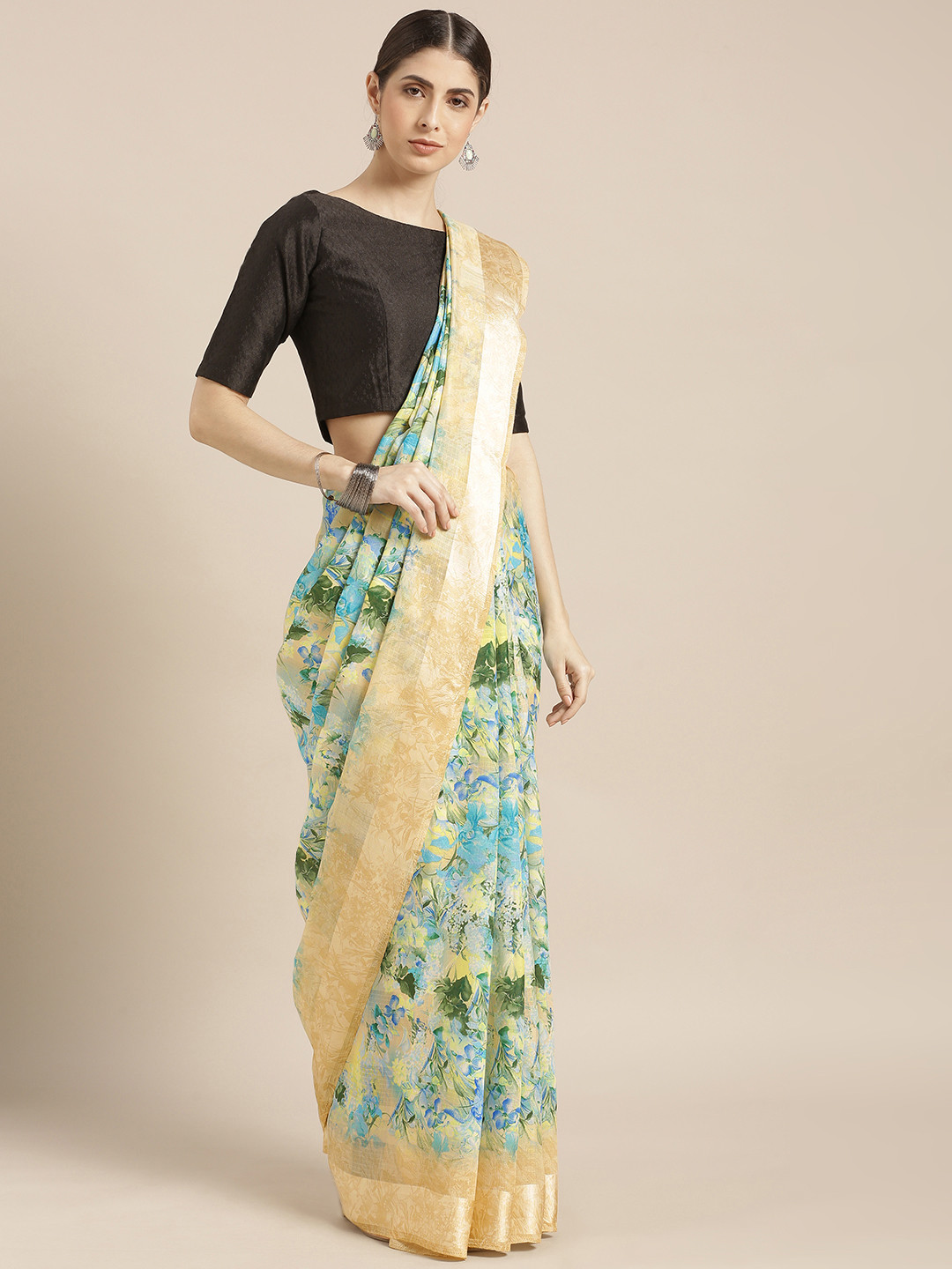 

Mitera Women's Blue Silk Cotton Floral Digital Printed Saree