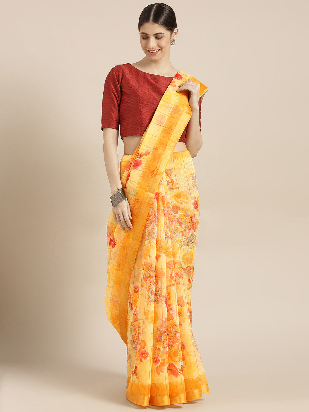 

Blissta Yellow Printed Cotton Blend Saree