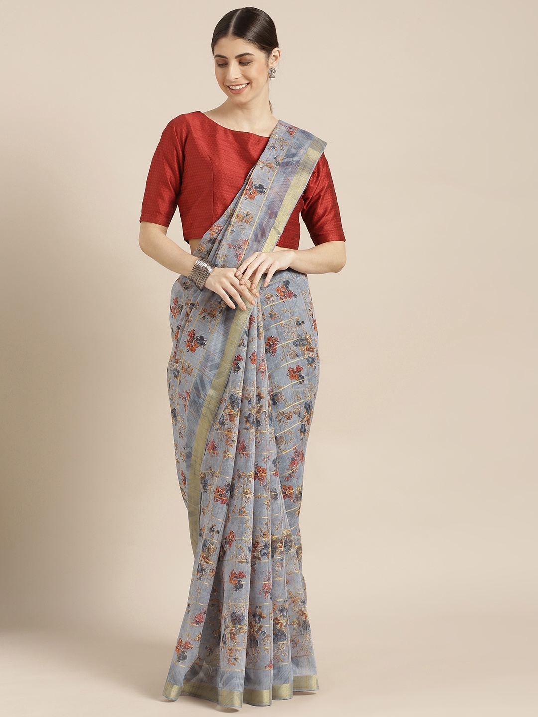 

Blissta Grey & Red Cotton Blend Printed Saree With Zari Border