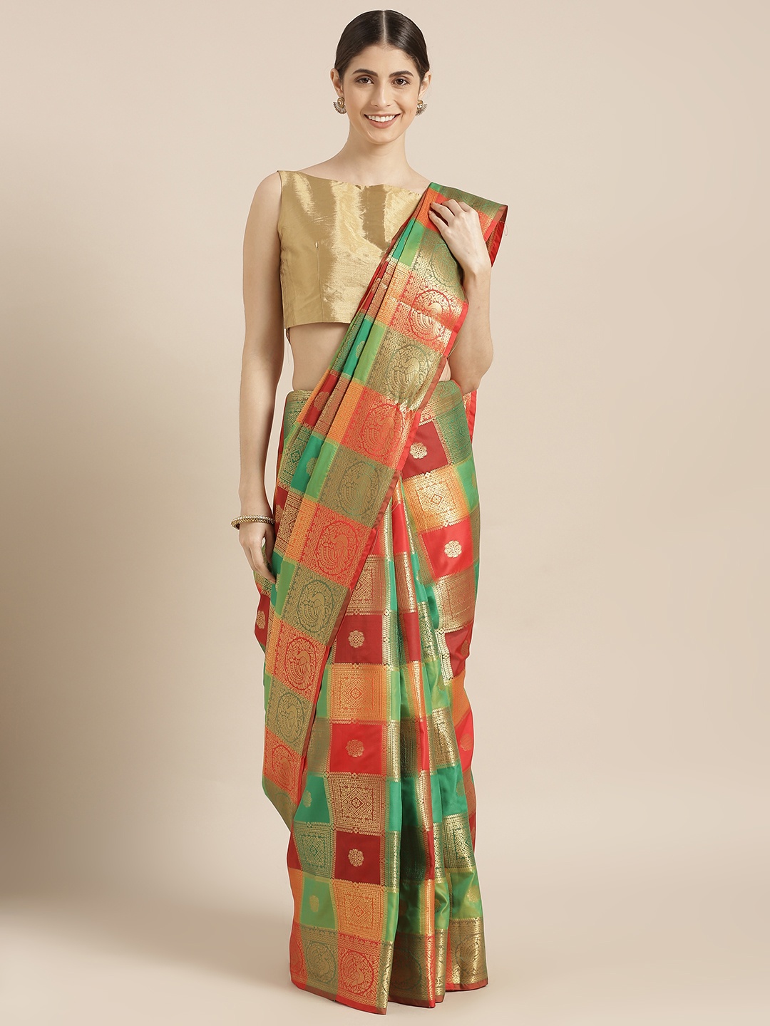 

Mitera Gold-Toned & Green Silk Blend Woven Design Banarasi Saree