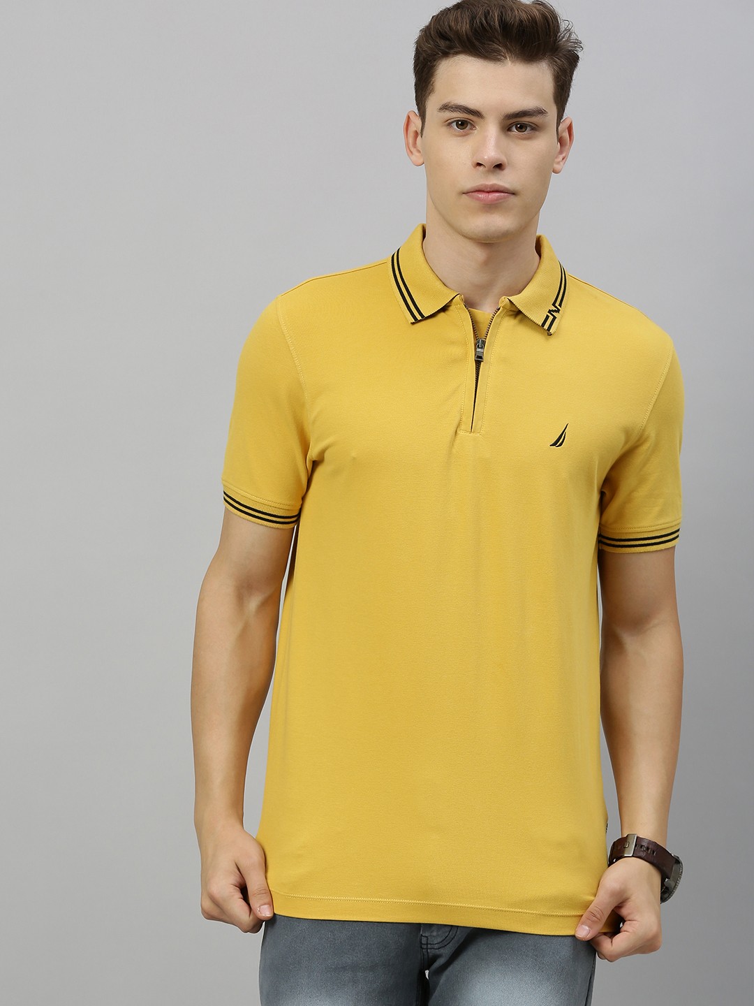 

Nautica Men Mustard Yellow Solid Polo Collar Embroidered T-shirt