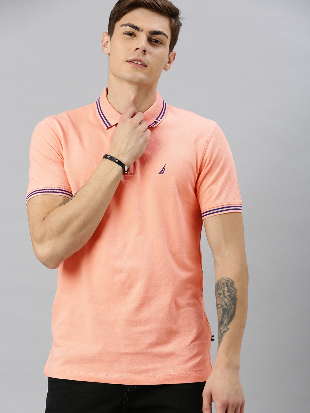

Nautica Men Peach-Coloured Solid Polo Collar T-shirt