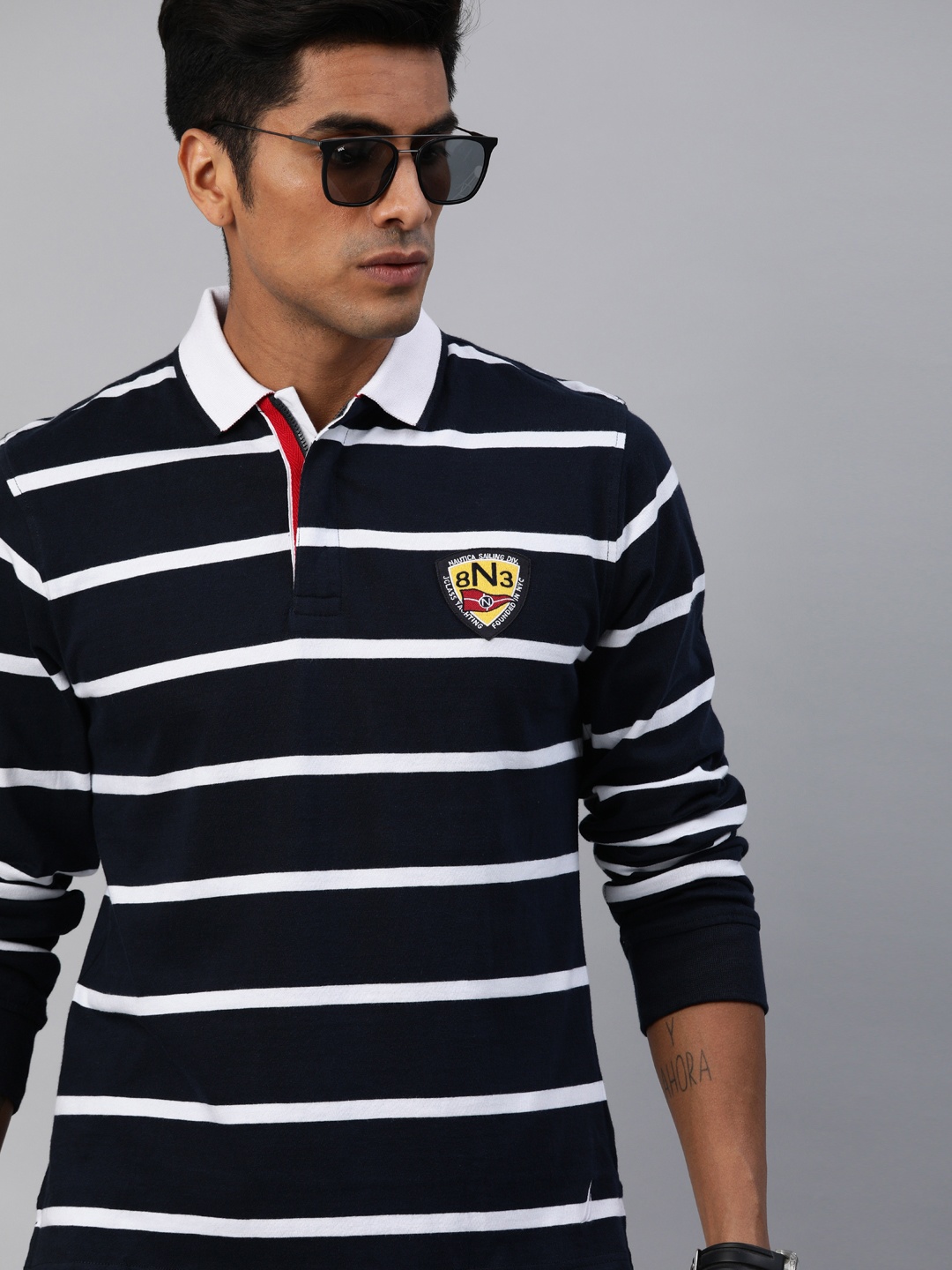 

Nautica Men Navy Blue White Striped Polo Collar Pure Cotton T-shirt