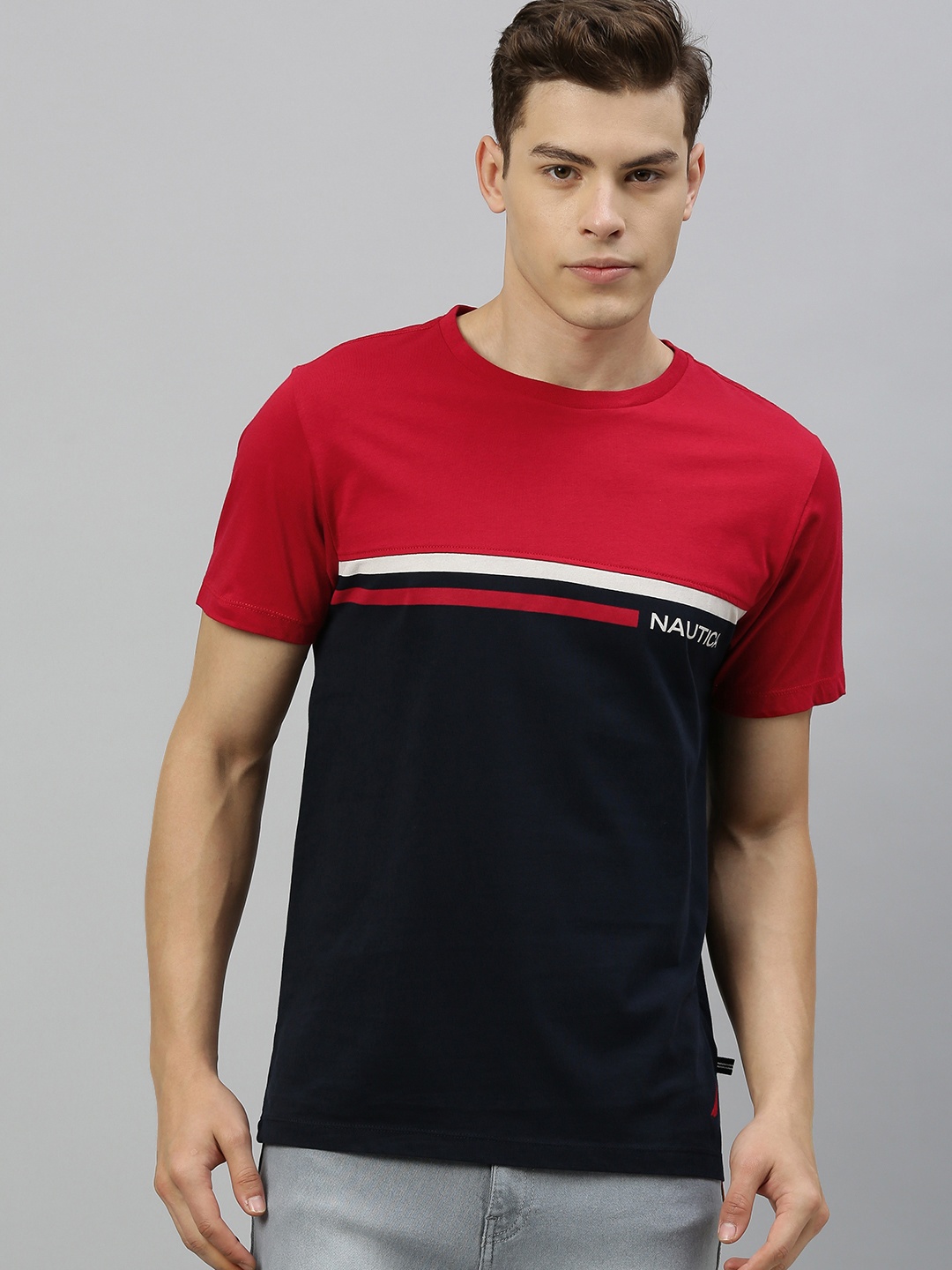 

Nautica Men Navy Blue & Red Colourblocked Round Neck Embroidered Pure Cotton T-shirt