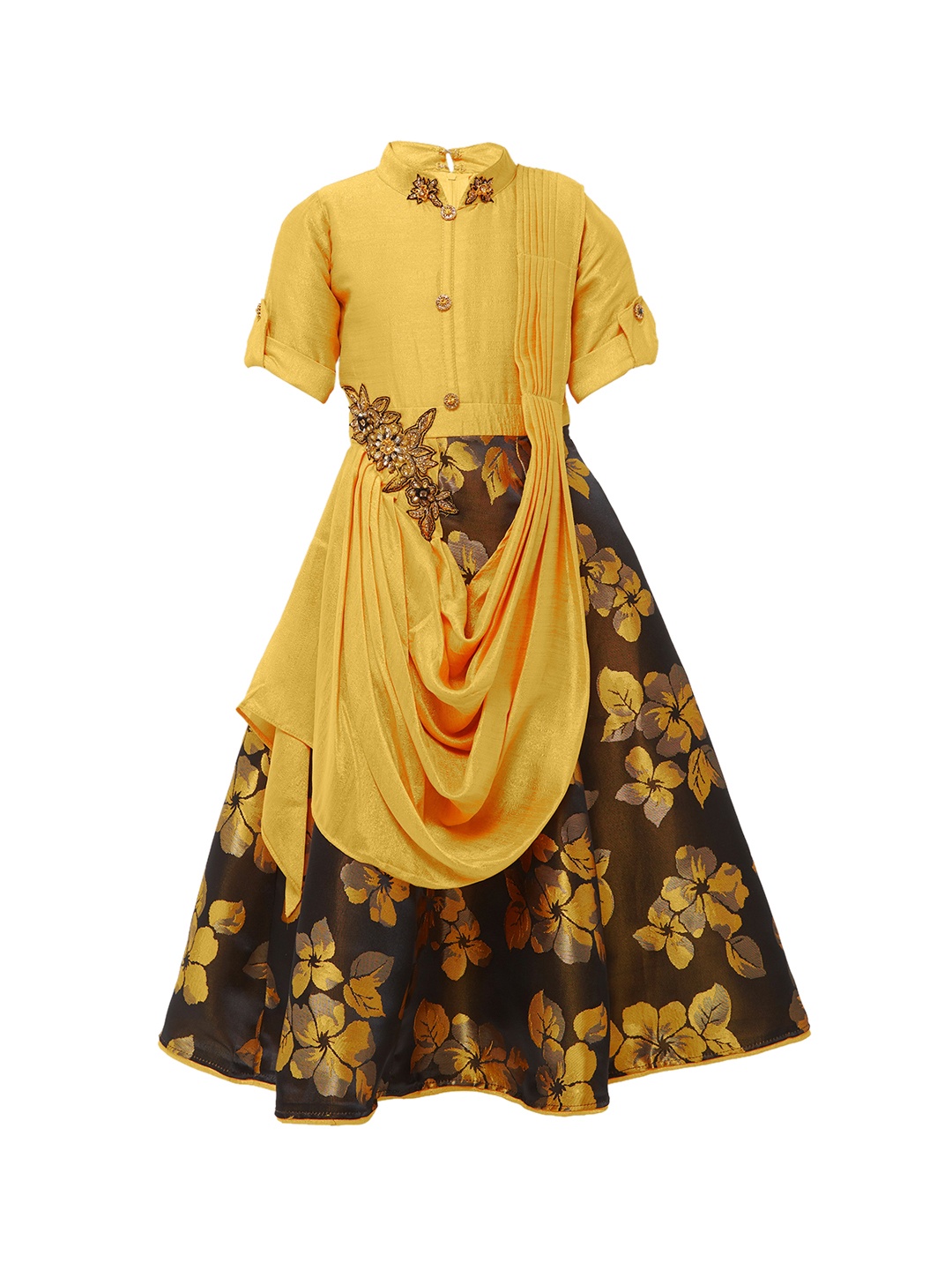 

BETTY Girls Gold-Coloured & Navy Blue Printed Ethnic Maxi Dress