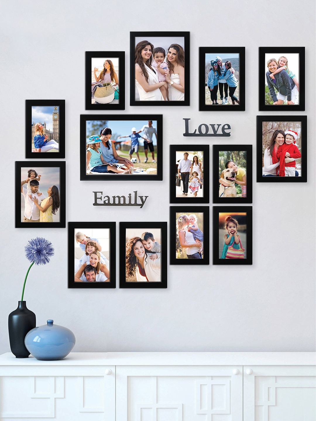 

RANDOM Set of 14 Black Solid Rectangular Synthetic Photo Frames With Family & Love Plaques