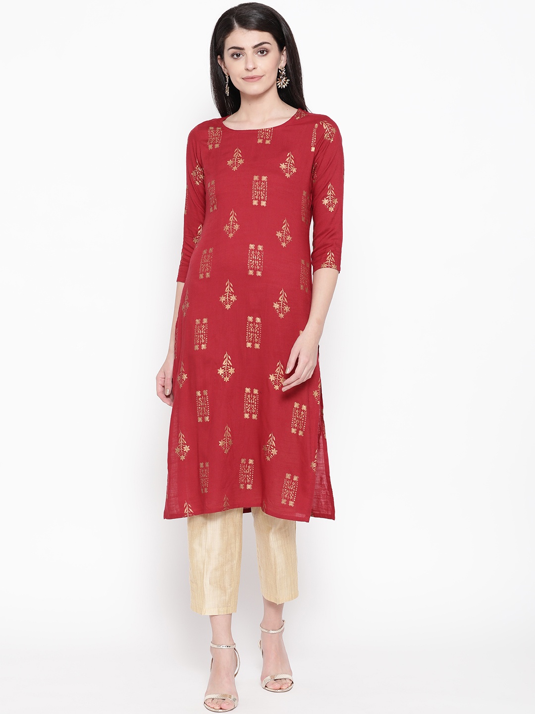 

Be Indi Women Maroon & Golden Printed Straight Kurta