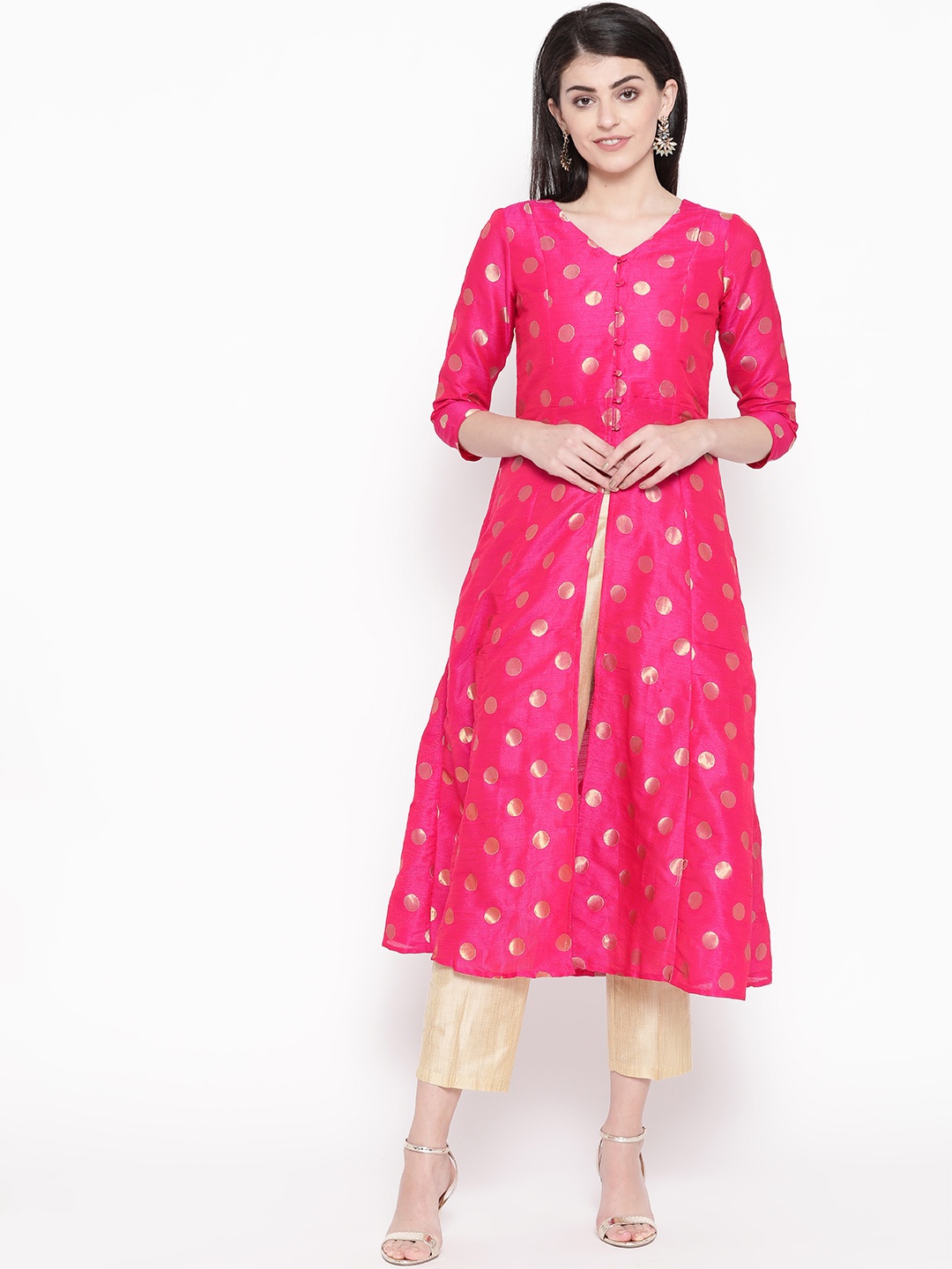 

Be Indi Women Pink & Golden Woven Design A-Line Kurta