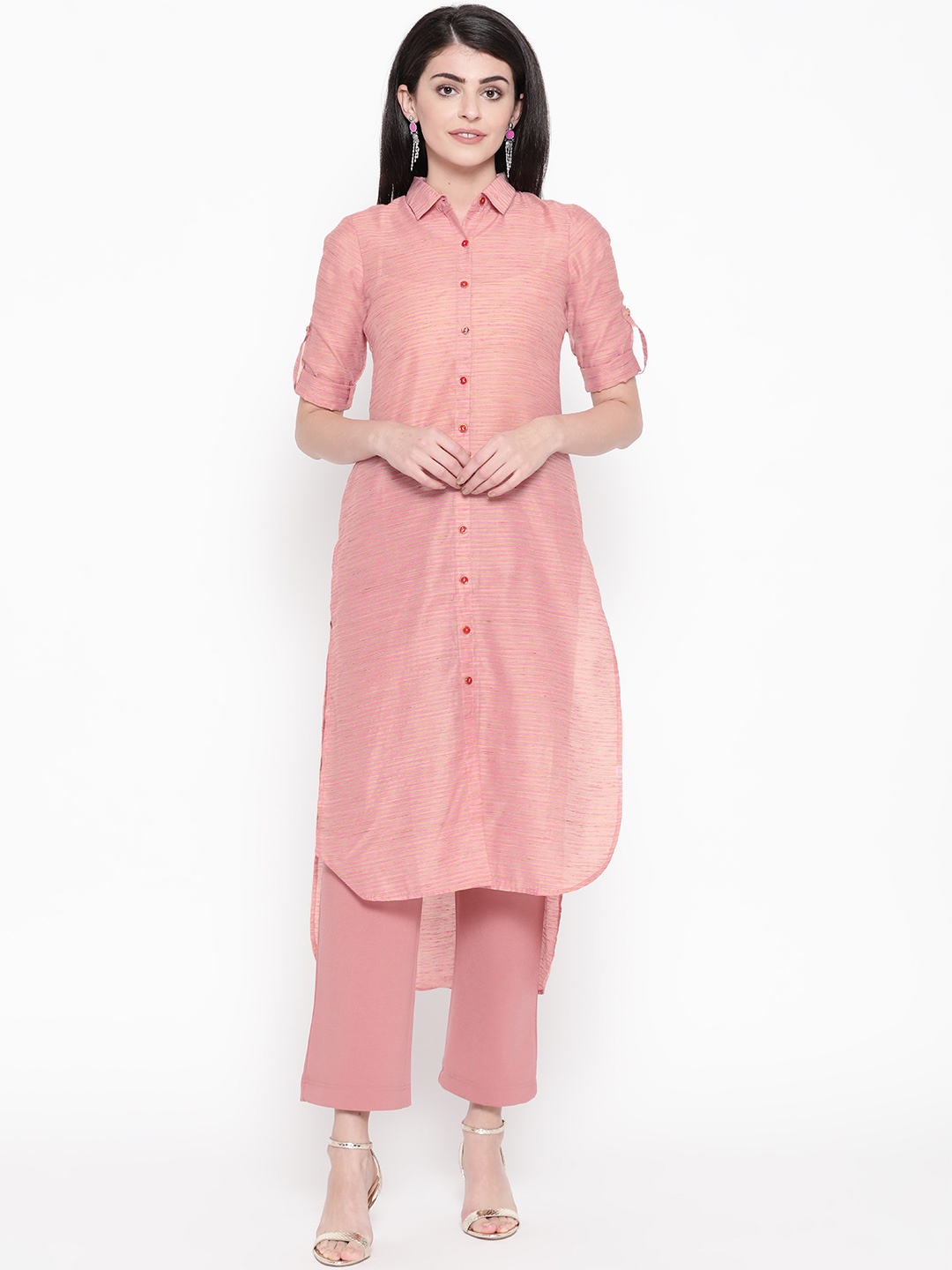 

Be Indi Women Pink & Beige Striped Pathani Kurta