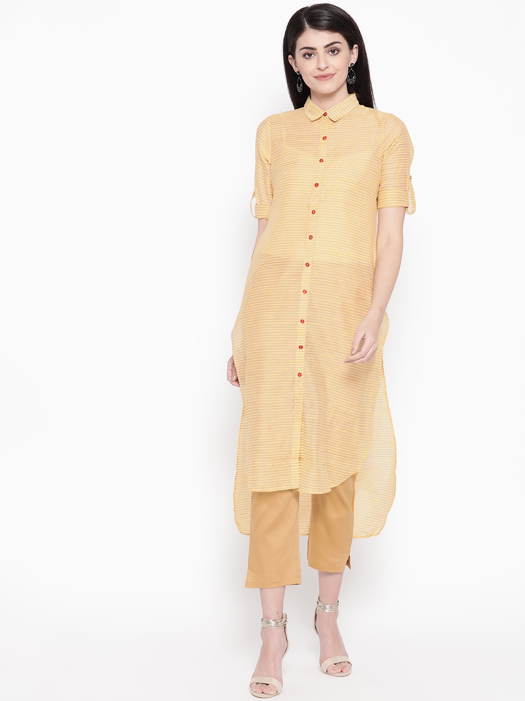 

Be Indi Women Yellow & Beige Striped Pathani Kurta