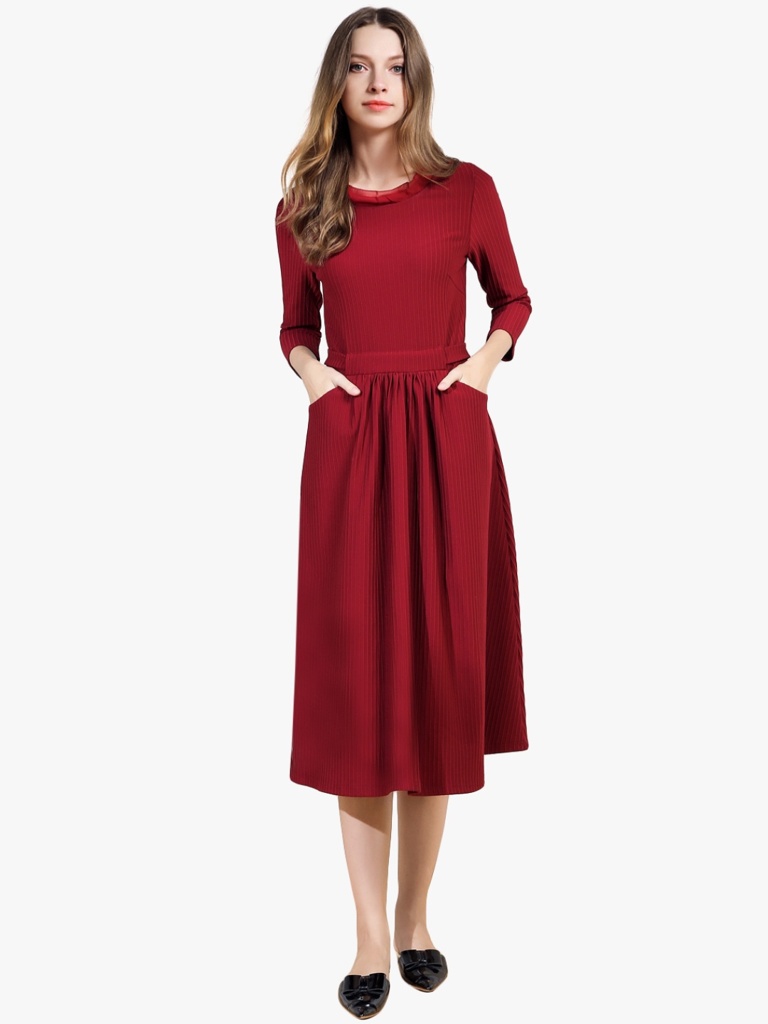 

JC Collection Women Maroon Self-Striped A-Line Dress