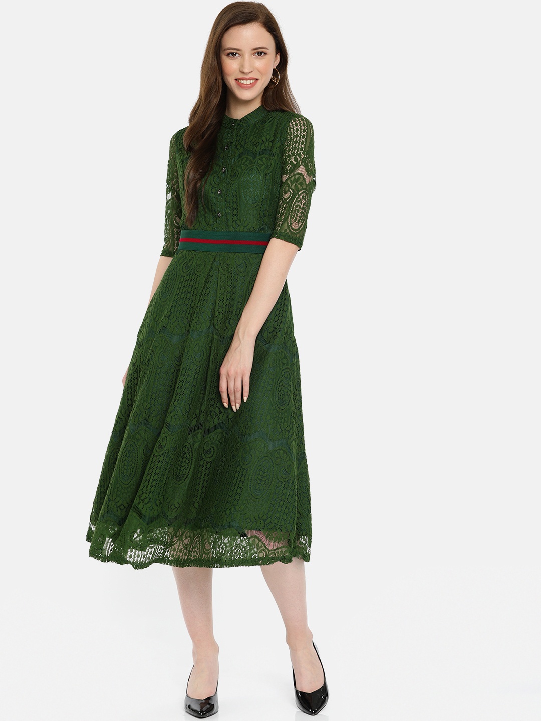 

JC Collection Women Green Self Design Fit and Flare Dress