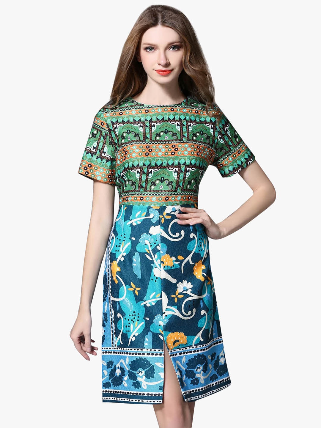 

JC Collection Women Blue & Green Printed A-Line Dress