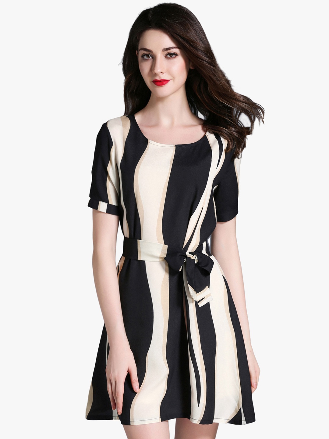

JC Collection Women Black & Beige Printed A-Line Dress with Satin Finish