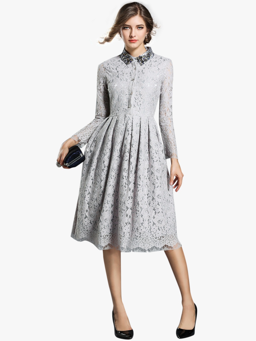 

JC Collection Women Grey Lace A-Line Dress