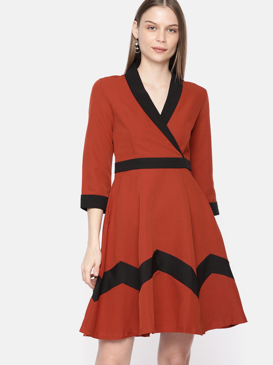 

JC Collection Women Rust Red Colourblocked Fit and Flare Dress