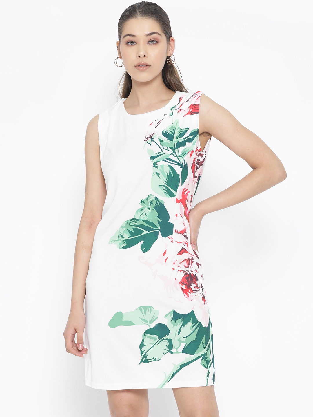 

JC Collection Women White & Green Printed Sheath Dress