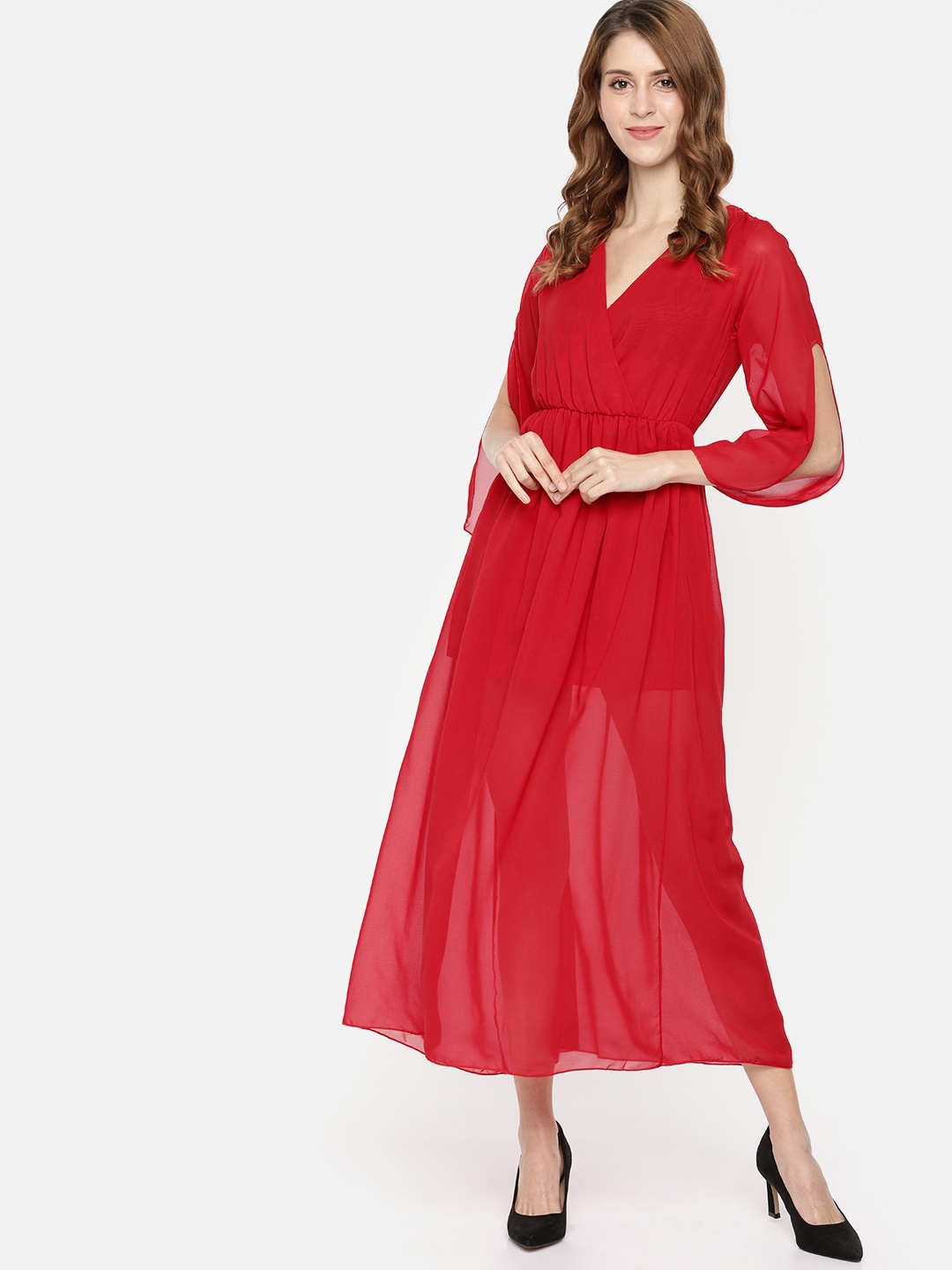 

JC Collection Women Red Solid Wrap Maxi Dress
