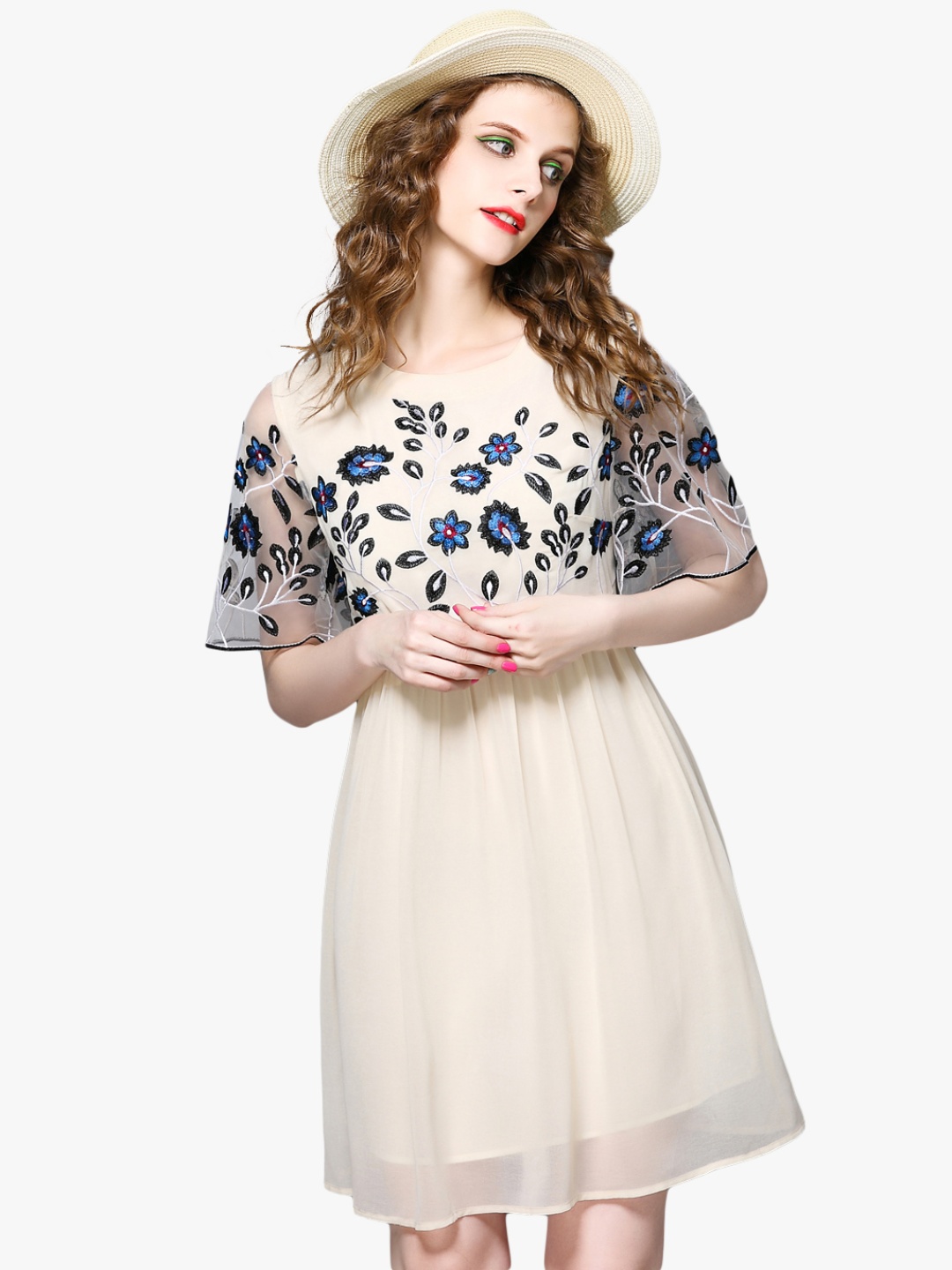 

JC Collection Women Beige & Blue Embroidered A-Line Dress