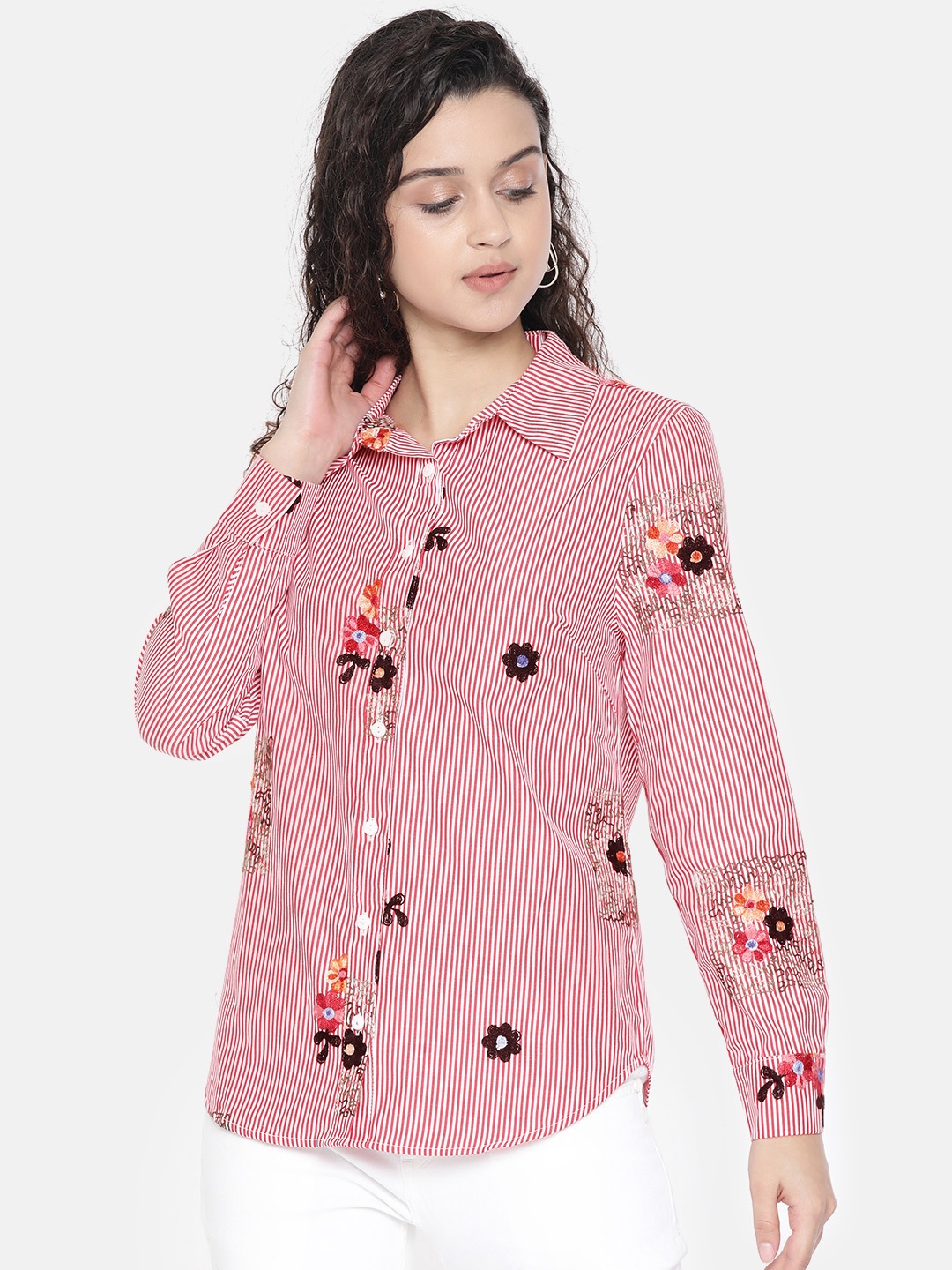 

JC Collection Women Red & White Slim Fit Striped Casual Shirt With Embroidery Detail