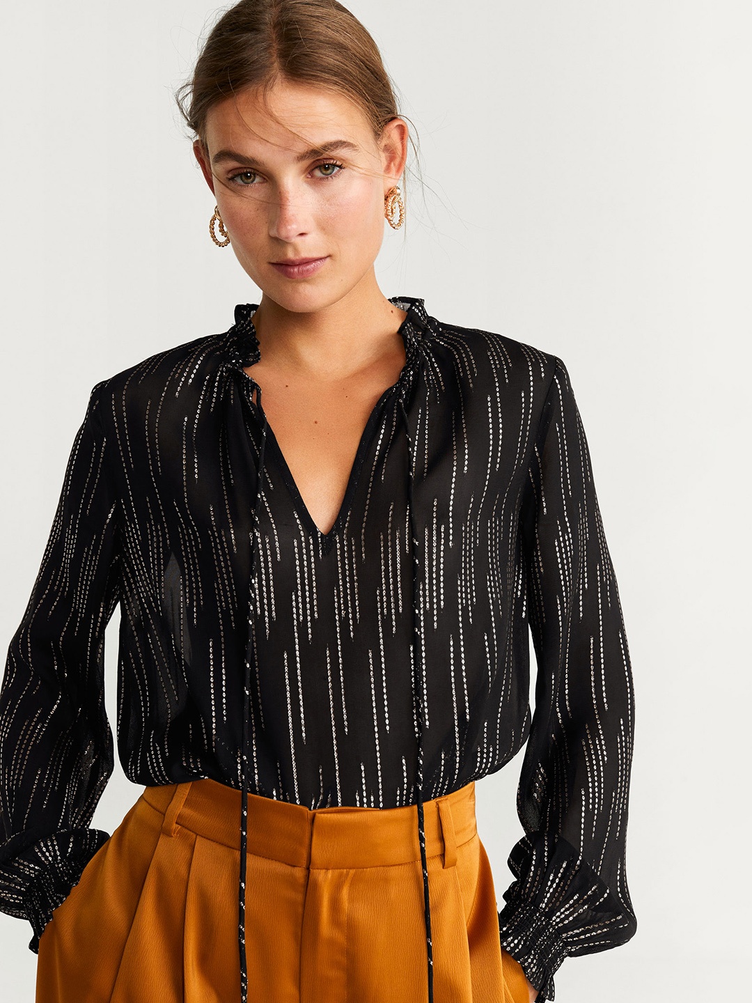 

MANGO Women Black & Golden Self Design Sheen Regular Top