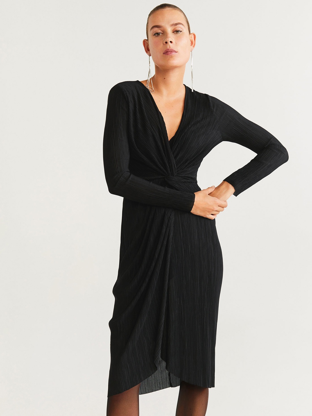

MANGO Women Black Solid Pleated Sheath Dress With Twist Detail