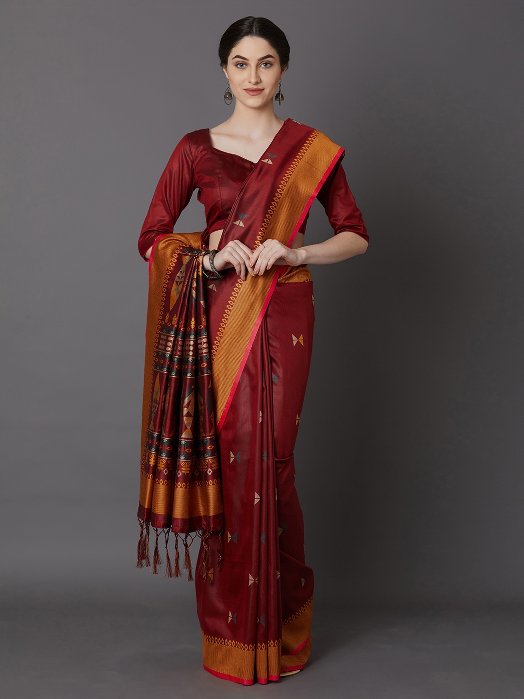 

Mitera Maroon & Mustard Yellow Silk Blend Printed Saree