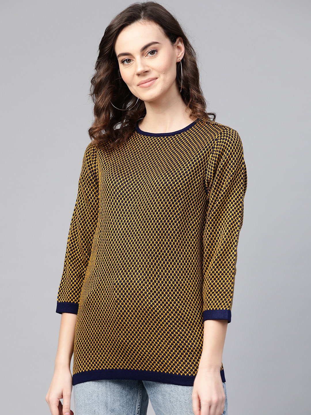

Van Heusen Woman Navy Blue & Yellow Self Design Winter Top