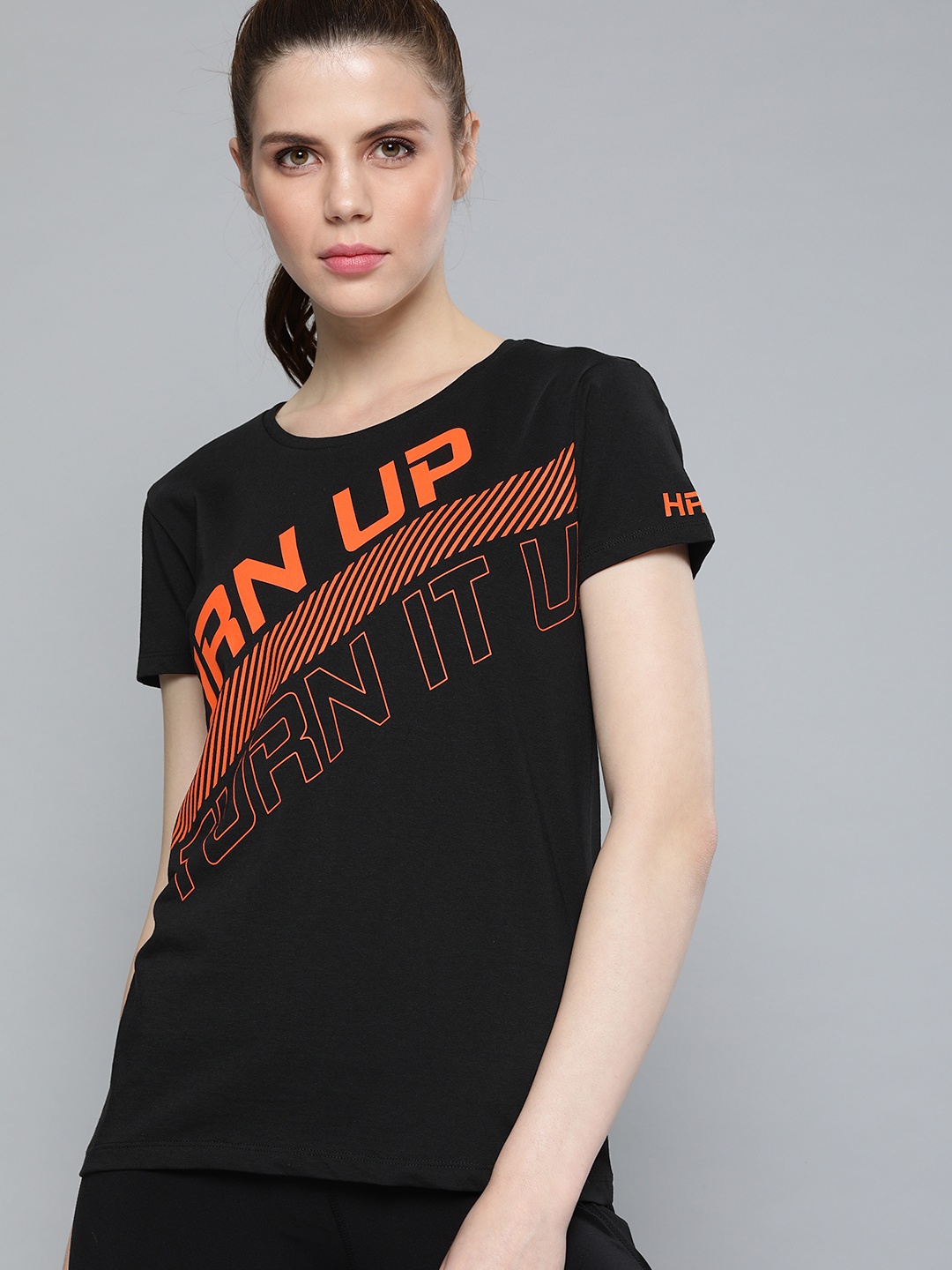

HRX by Hrithik Roshan Women Black Printed Round Neck Running Pure Cotton T-shirt
