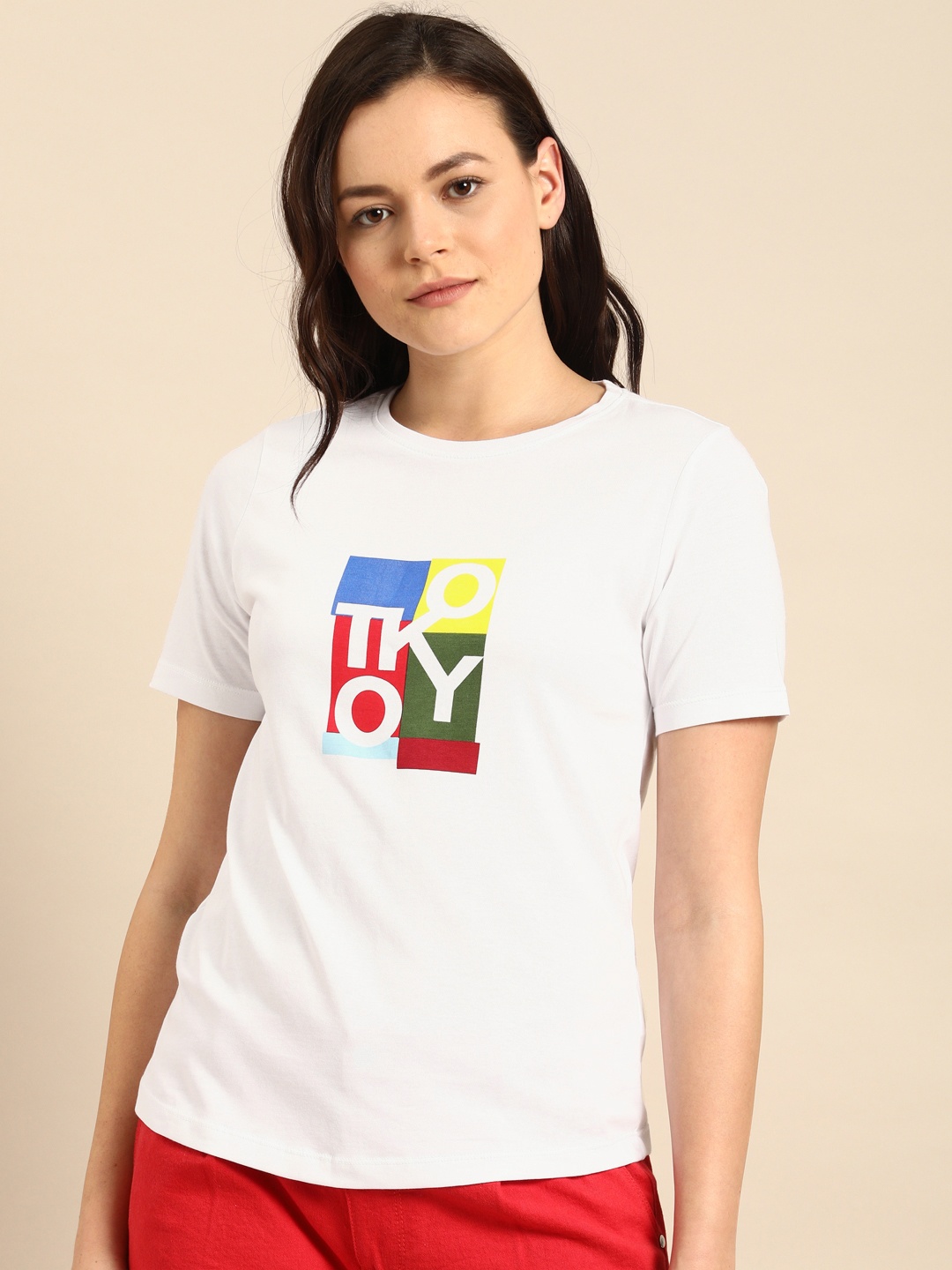 

ether Women White Printed Round Neck Pure Cotton T-shirt