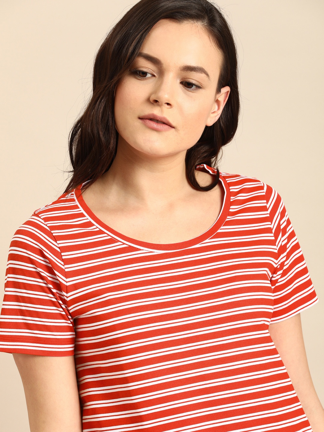 

ether Women Coral Orange White Striped Round Neck Pure Cotton T-shirt
